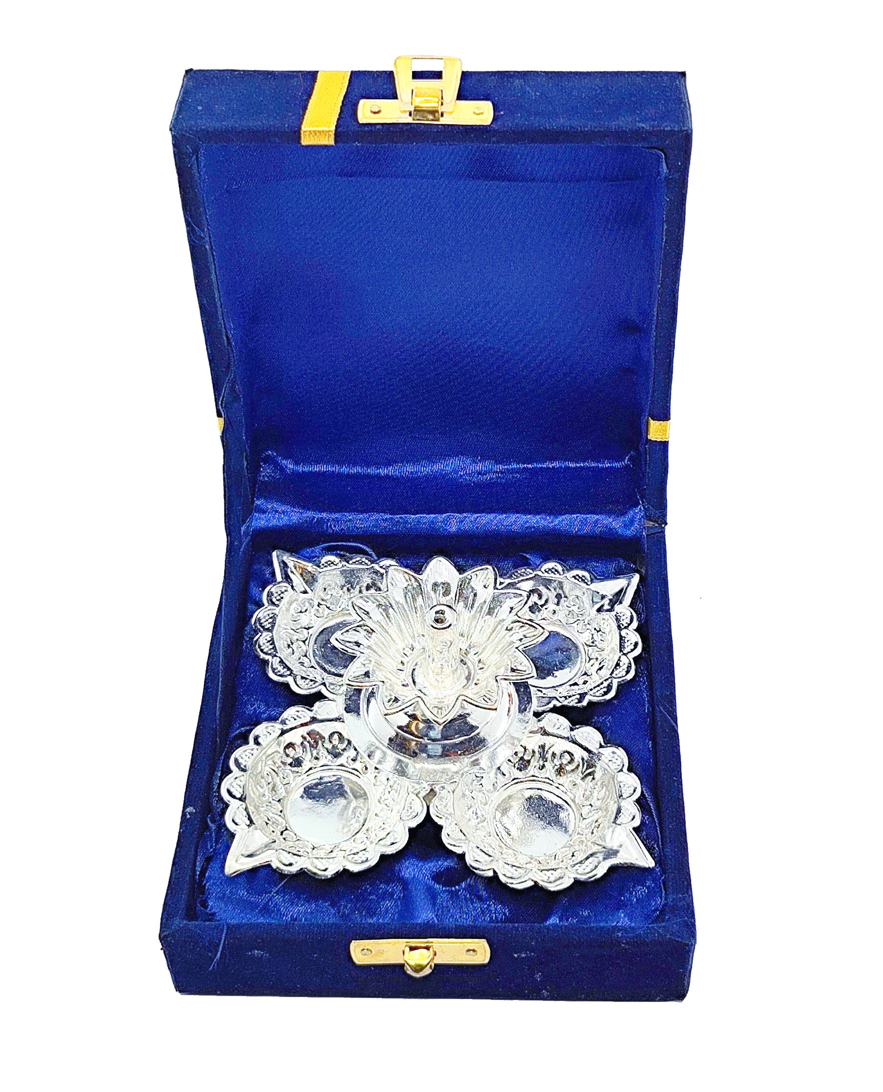 BENGALEN Silver Plated Panchmukhi Diya with Blue Velvet Gift Box Pooja Items Diwali Decoration Puja Gifts Handmade Gift Items