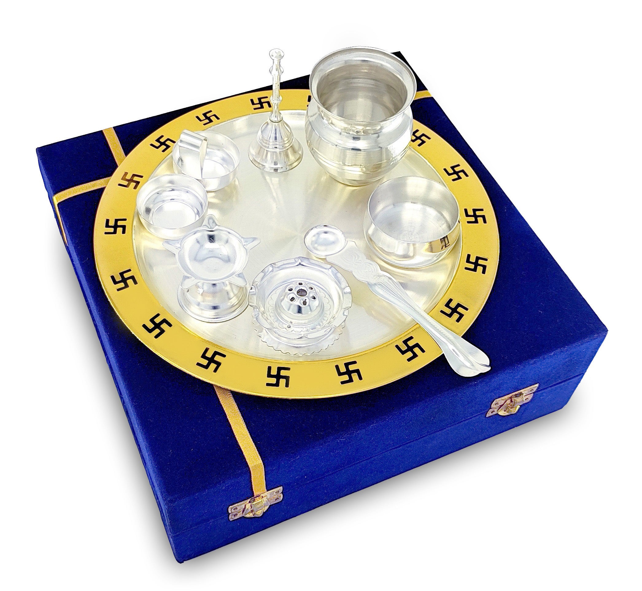 BENGALEN Pooja Thali Set 9 Inch Gold & Silver Plated with Blue Gift Box