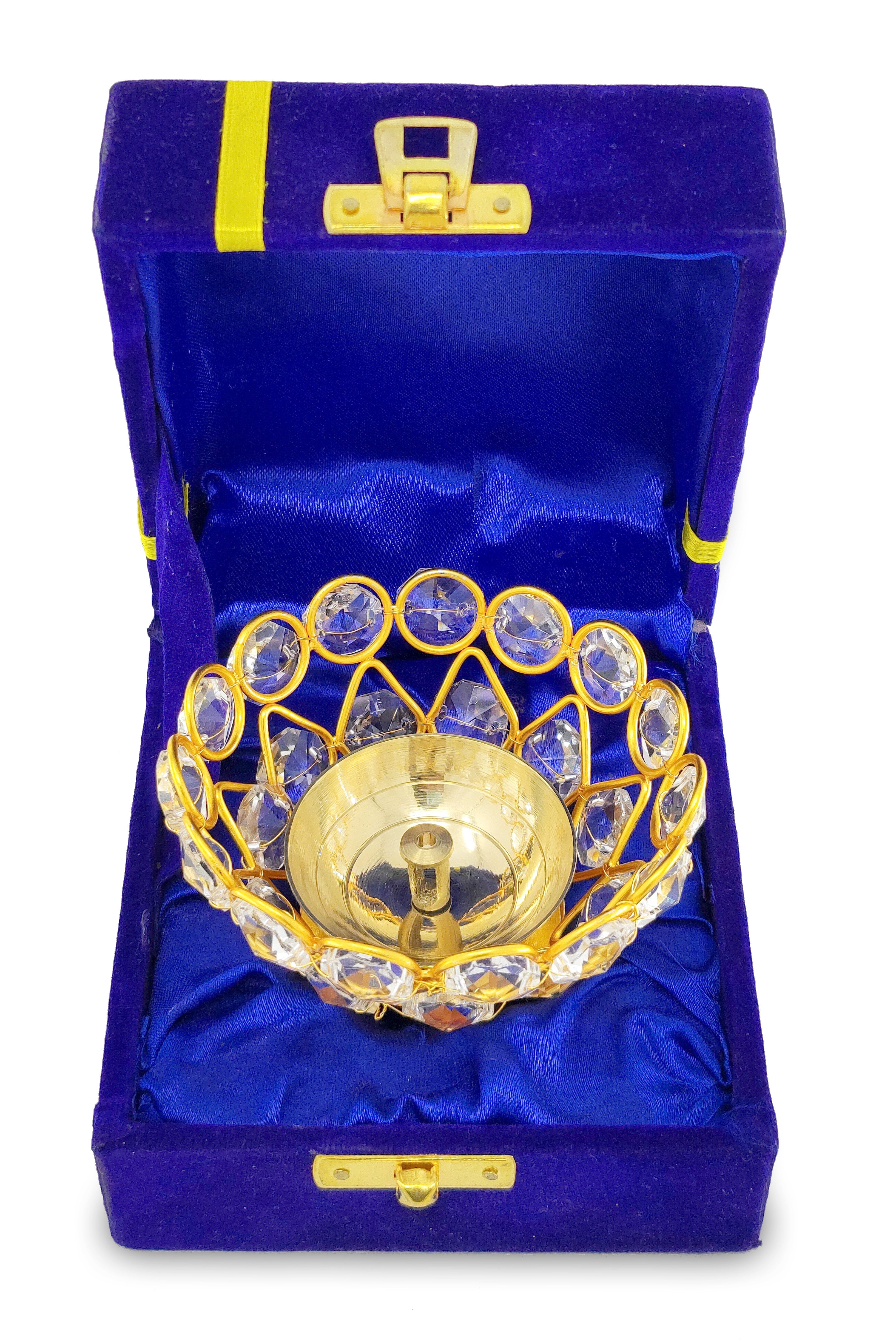 BENGALEN Crystal Diya with Blue Velvet Gift Box Brass Chrystal Akhand Piyali Dia Pooja Items Diwali Decoration Puja Gifts Handmade Oil Lamp