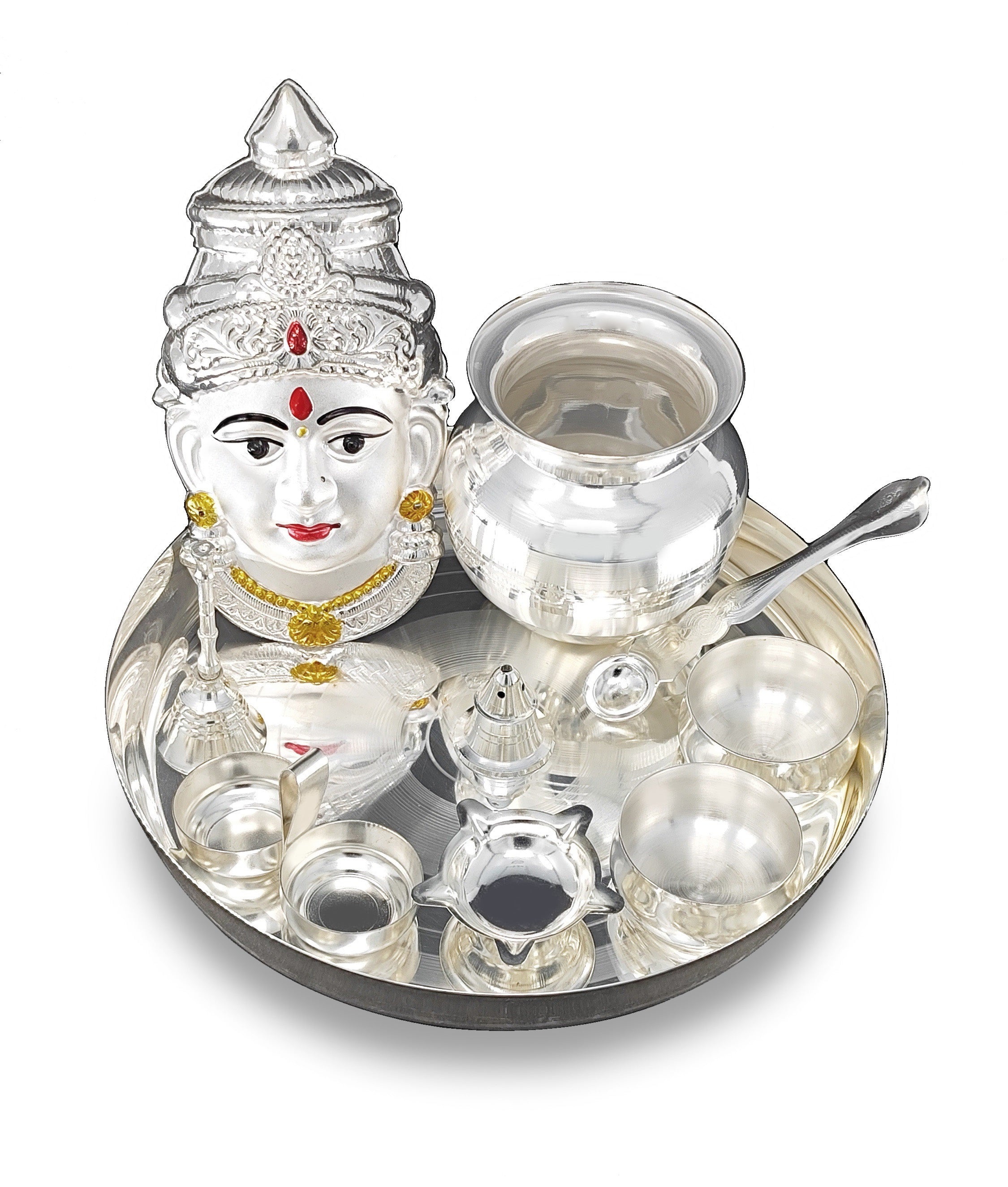 ভারলক্ষ্মী দেবী মুখোতা প্রতিমা মূর্তির সাথে বেঙ্গালেন সিলভার প্লেটেড পূজা থালি সেট