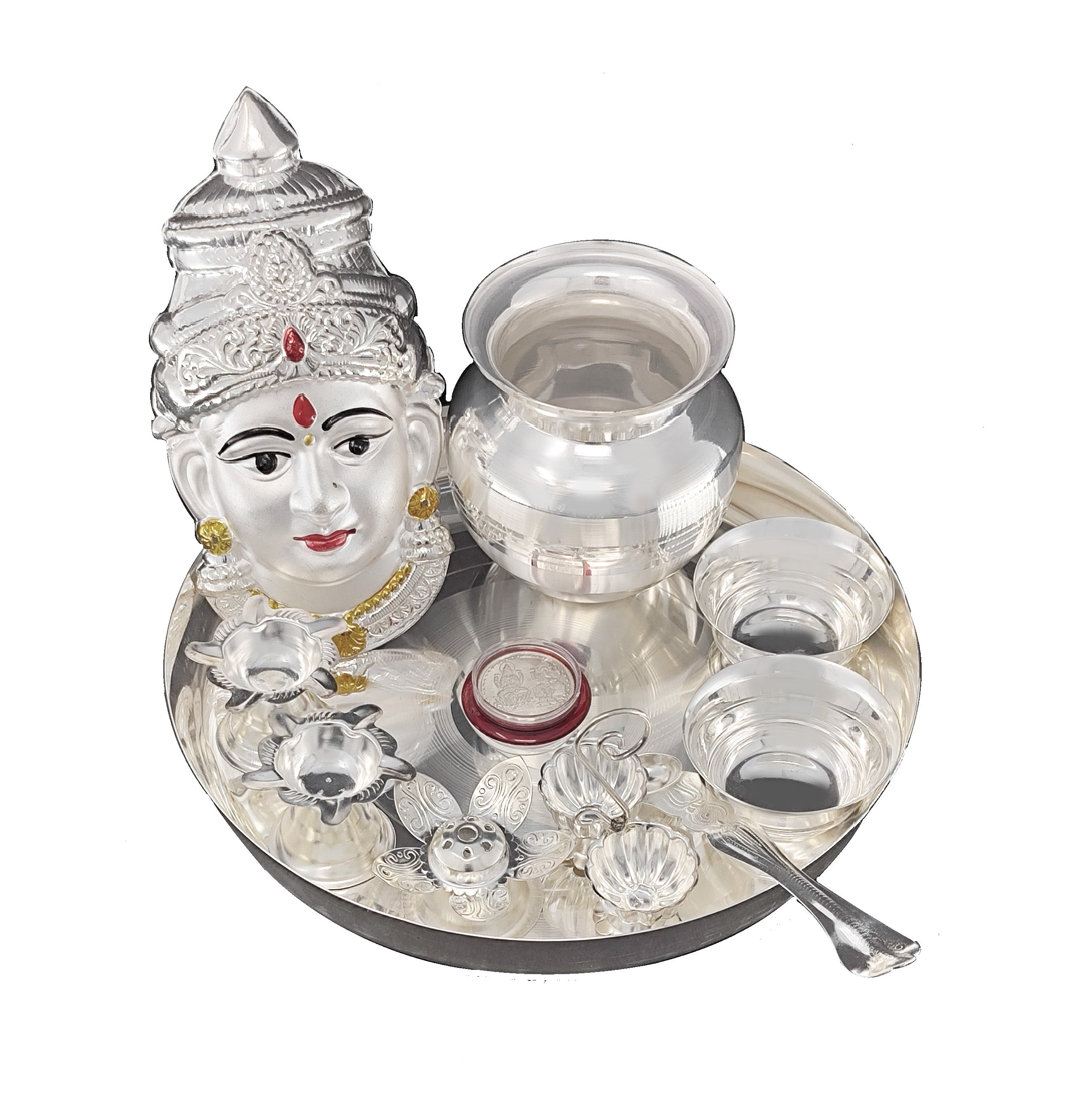 BENGALEN Silver Plated Pooja thali Set with Varalakshmi Devi Mukhota Idol Statue