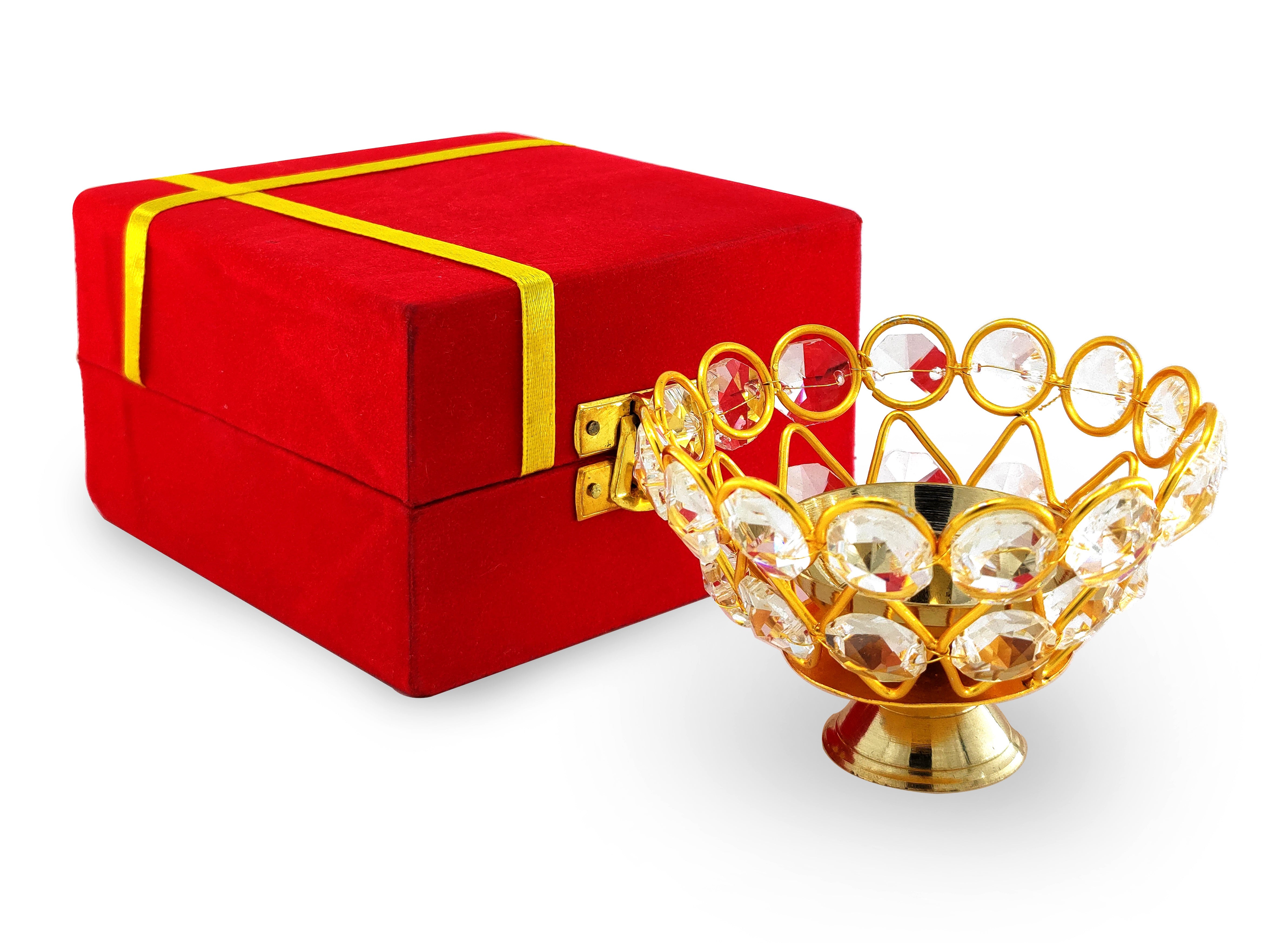 BENGALEN Crystal Diya with Red Velvet Gift Box Brass Chrystal Akhand Piyali Dia Pooja Items Diwali Decoration Puja Gifts Handmade Oil Lamp