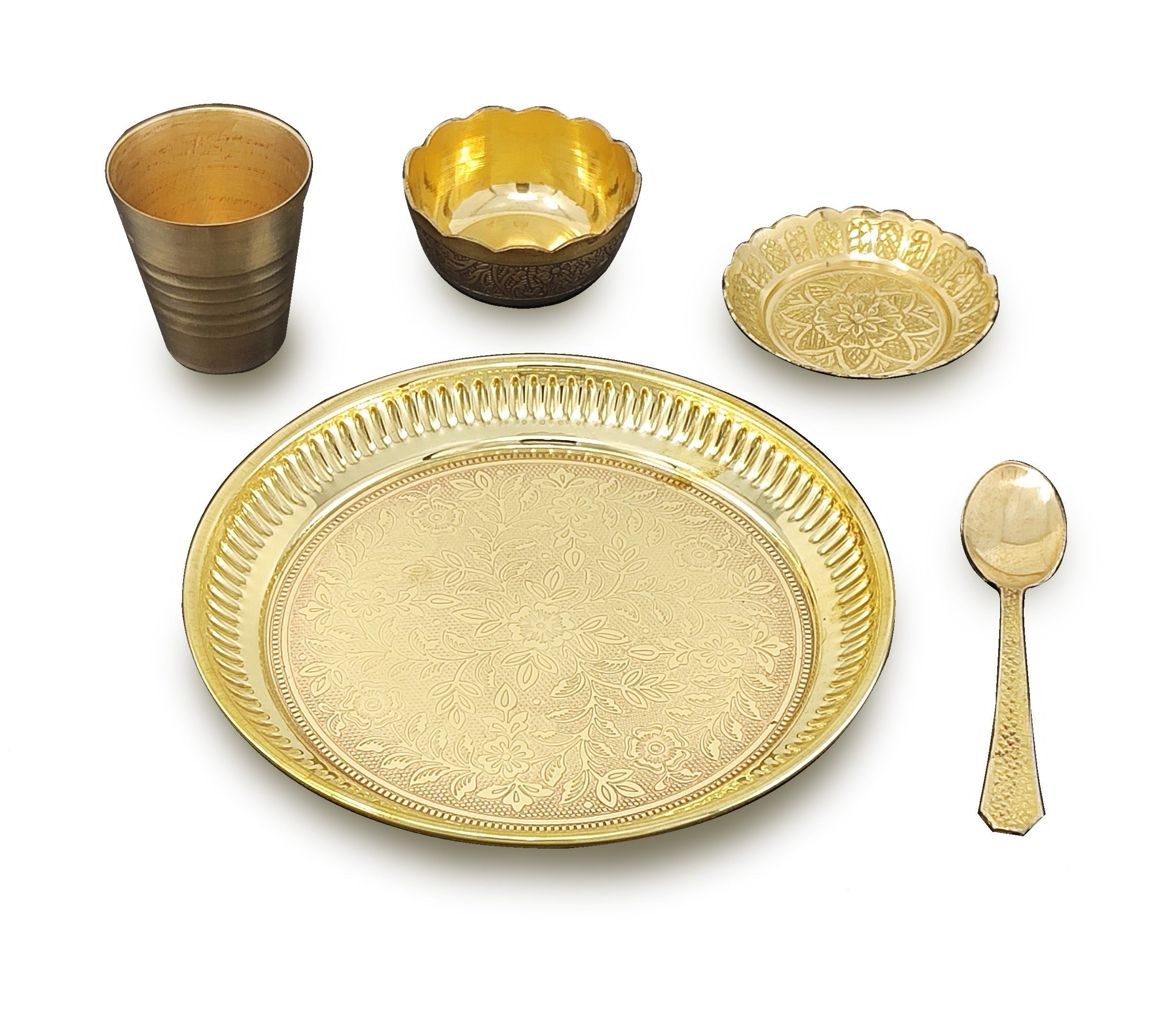 BENGALEN Brass Pooja Bhog Thali Set 6 Inch Puja Thali with Pital Plate Bowl Glass Kangura Plate Spoon Arti Thali for Diwali Home Office Mandir Wedding Return Gift Items