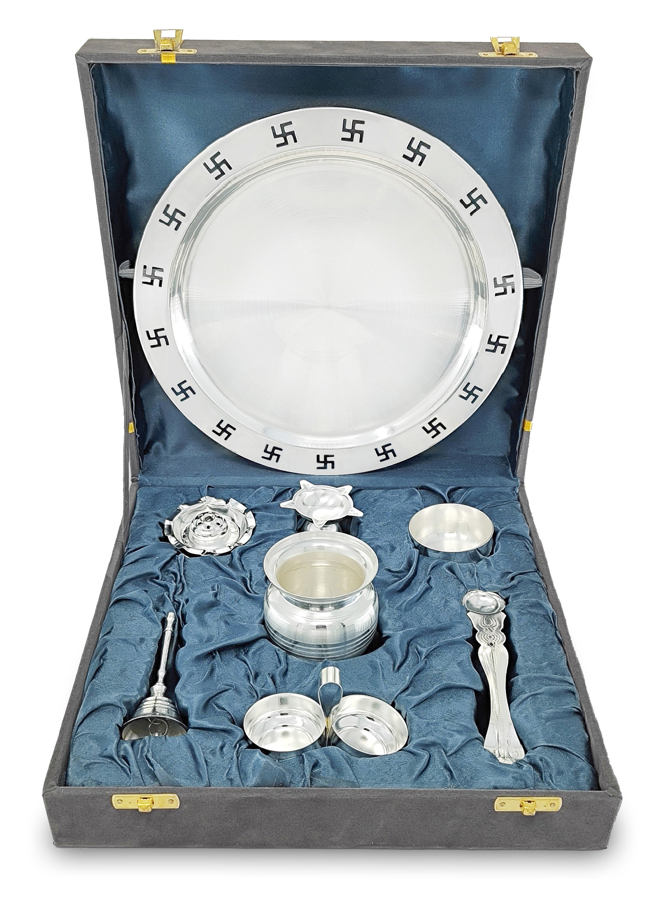 BENGALEN Pooja Thali Set 9 Inch Silver Plated with Gray Gift Box