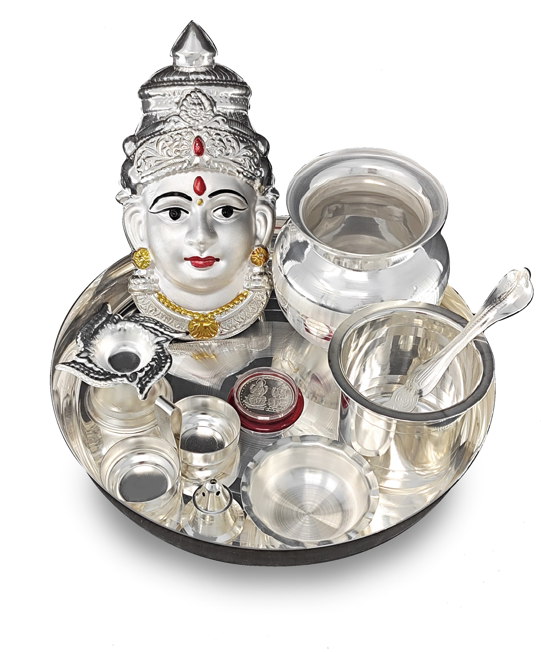BENGALEN Silver Plated Pooja thali Set with Varalakshmi Devi Mukhota Idol Statue