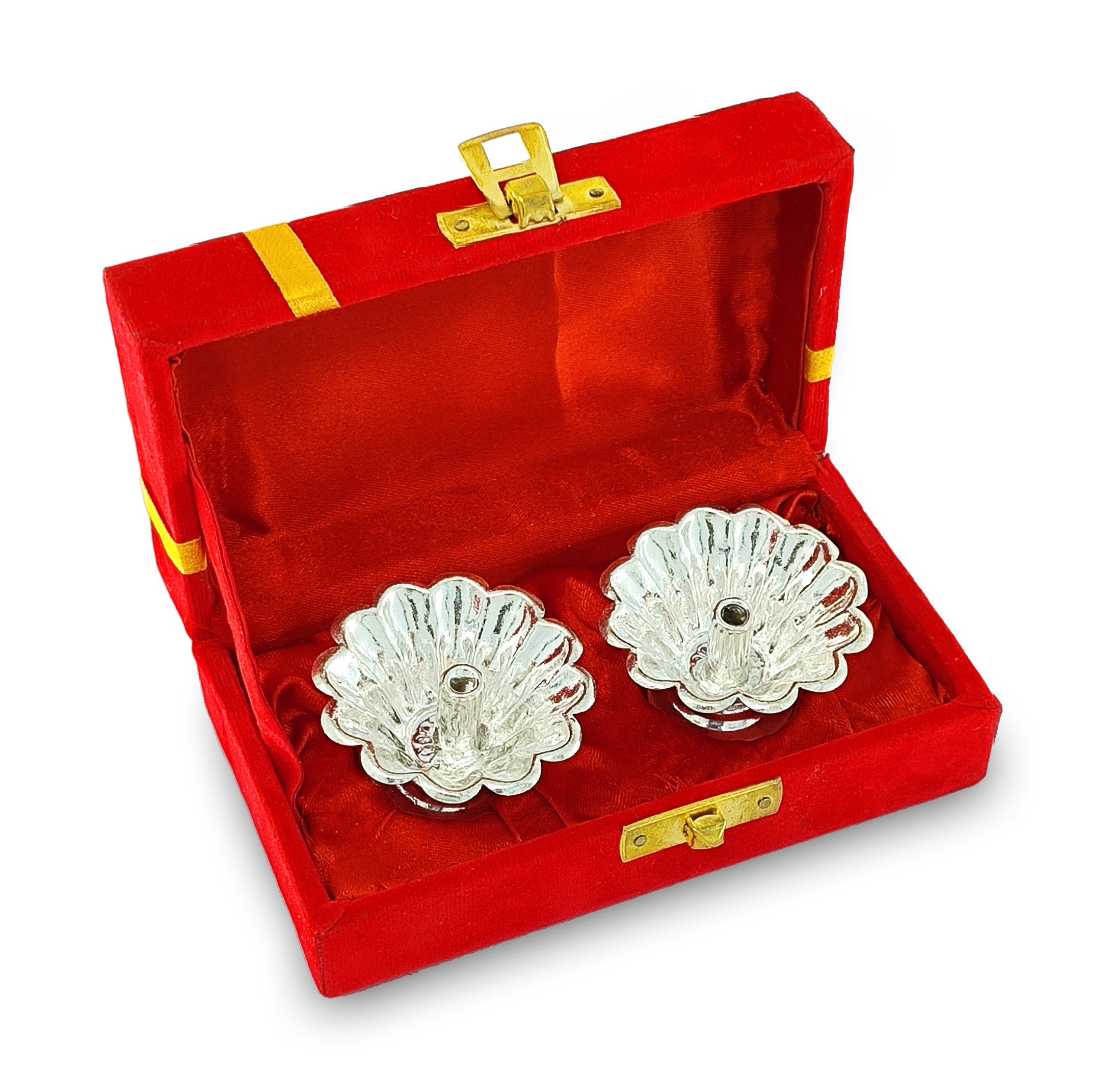 BENGALEN Silver Plated Diya with Red Velvet Gift Box Dia Pooja Items Diwali Decoration Puja Gifts Handmade Oil Lamp Traditional Indian Deepawali Gift Items