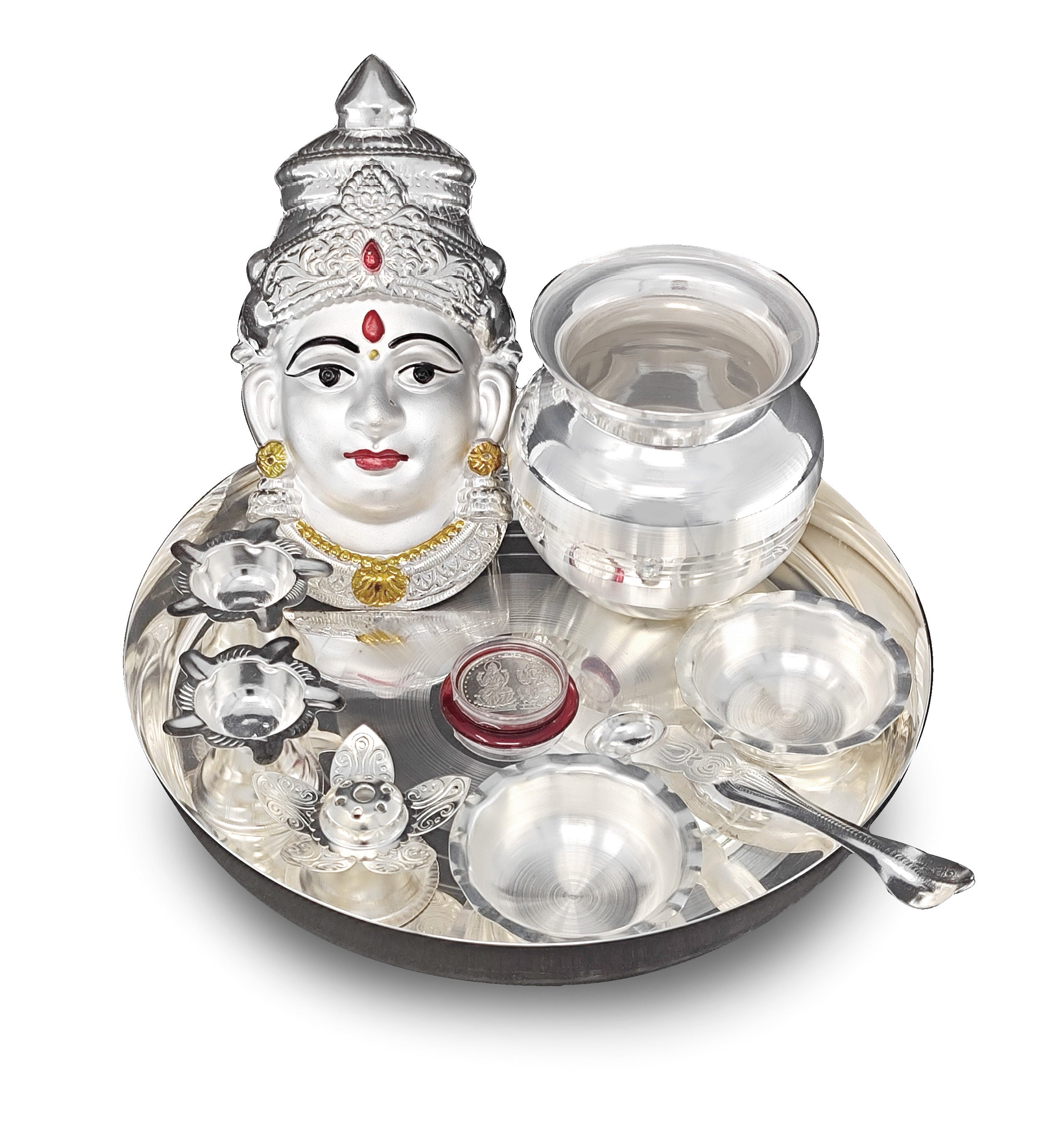 BENGALEN Silver Plated Pooja thali Set with Varalakshmi Devi Mukhota Idol Statue