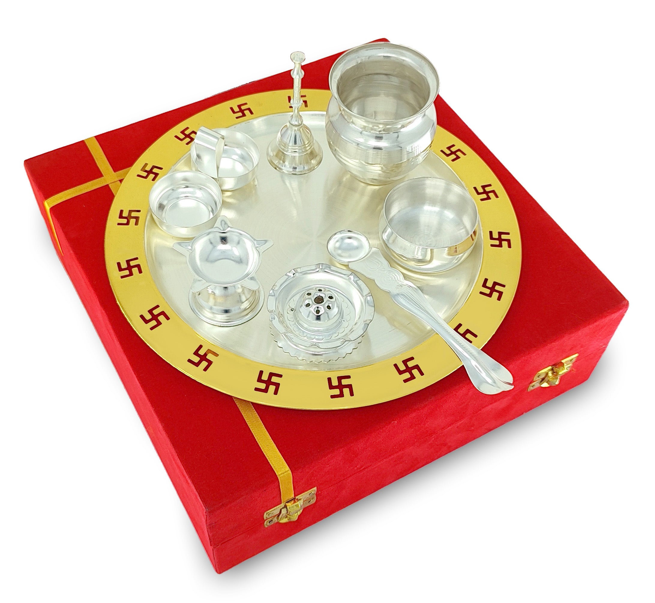 BENGALEN Pooja Thali Set 9 Inch Gold & Silver Plated with Red Gift Box