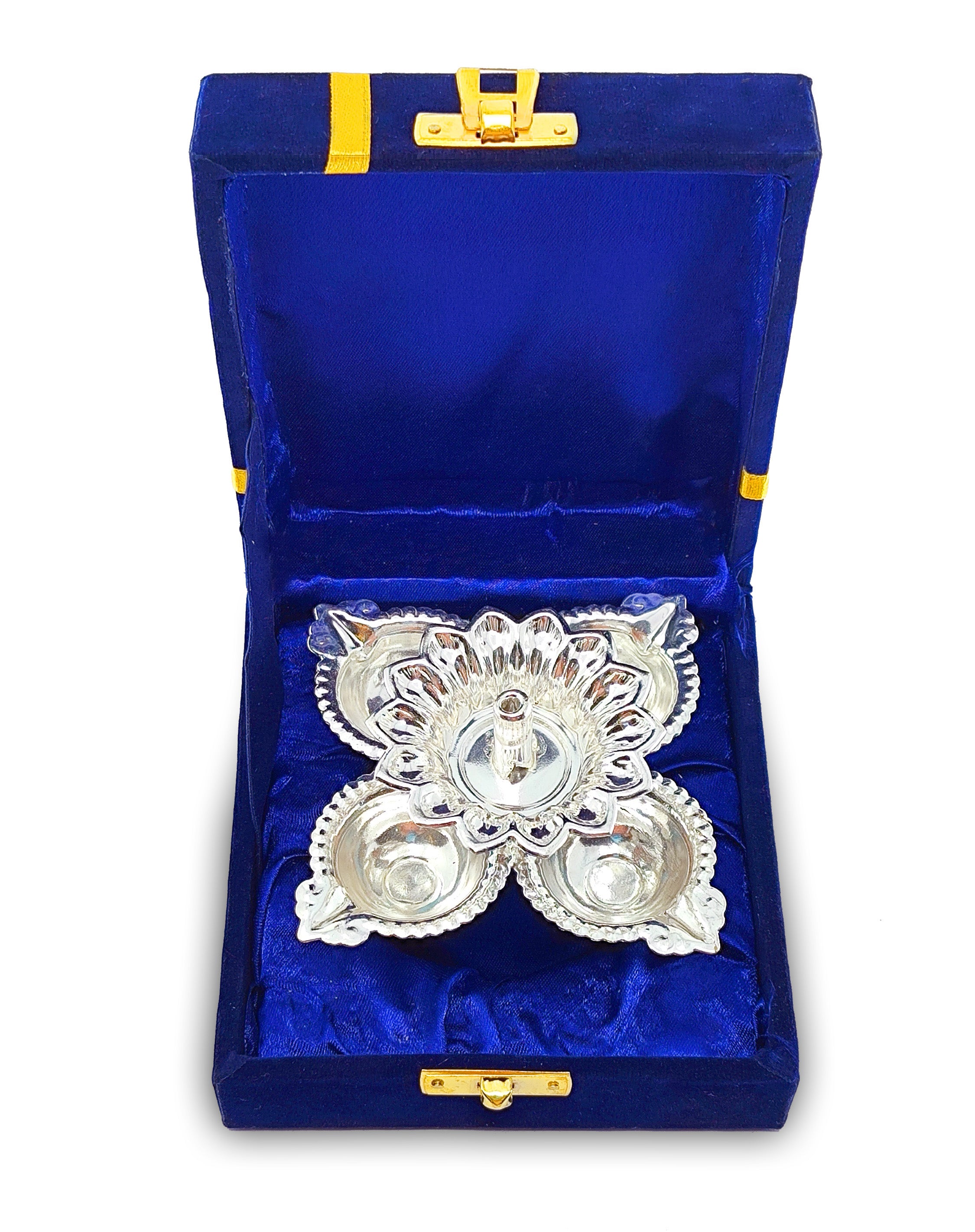 BENGALEN Silver Plated Diya with Blue Velvet Gift Box Panchmukhi Dia Pooja Items Diwali Decoration Puja Gifts Handmade Oil Lamp Traditional Indian Deepawali Gift Items