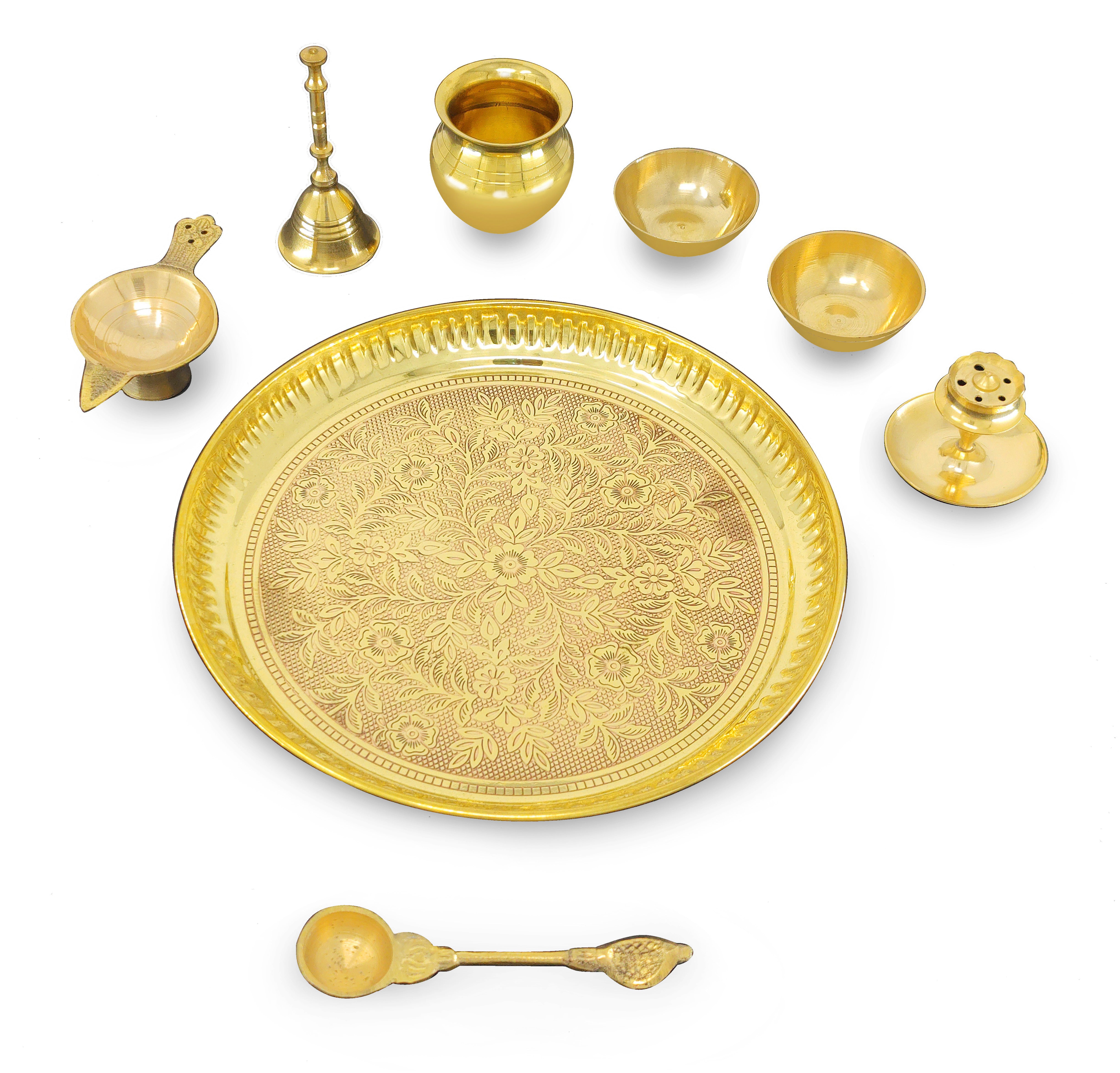 BENGALEN Brass Puja Thali Set 8 Inch Pooja Thali with Pital Design Plate Kalash Chandan Wati Dhup Dan Diya Ghanti Palli Arti Thali for Diwali Home Office Mandir Wedding Return Gift Items