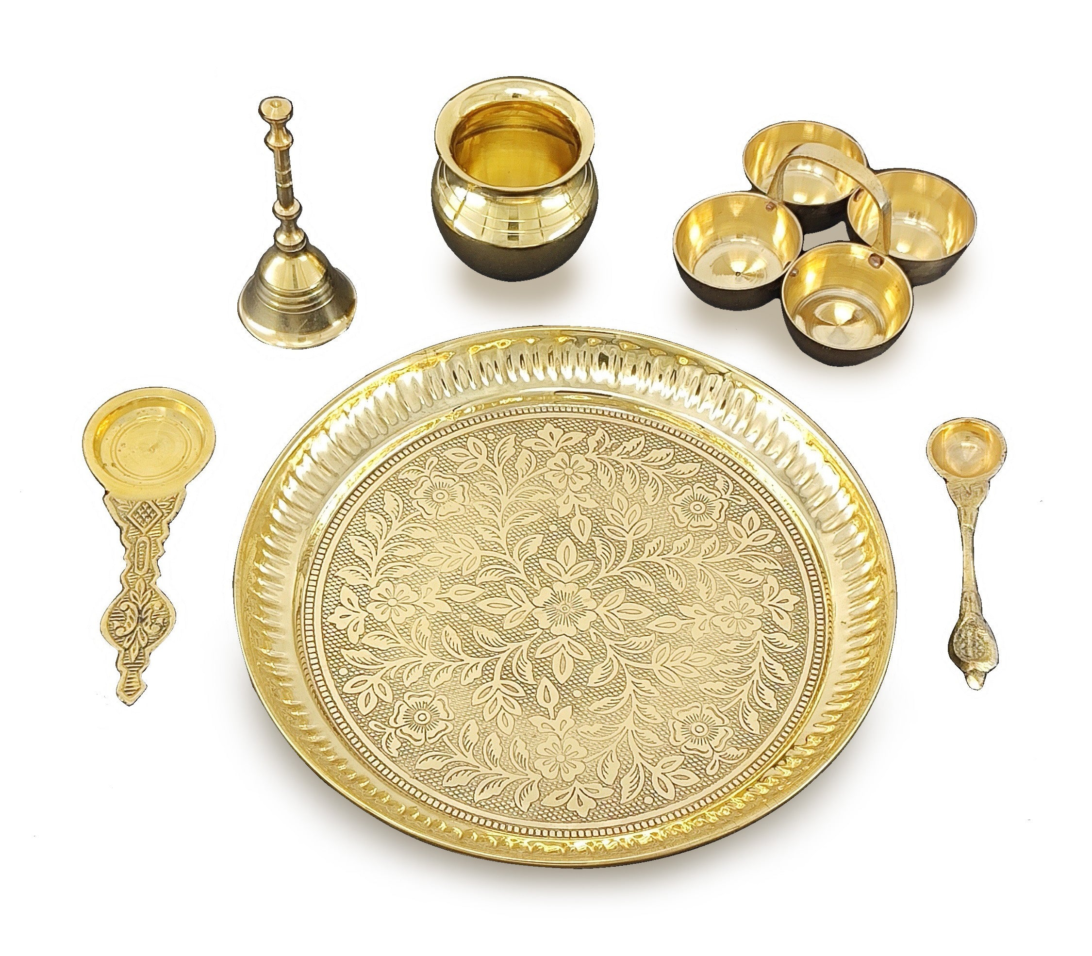BENGALEN Brass Pooja Thali Set 7 Inch with Pital Puja Plate Kalash Bowl Spoon Dhup Dan Palli Ghanti Kuber Diya Chandan Wati Arti Thali for Diwali Home Office Mandir Wedding Return Gift Items