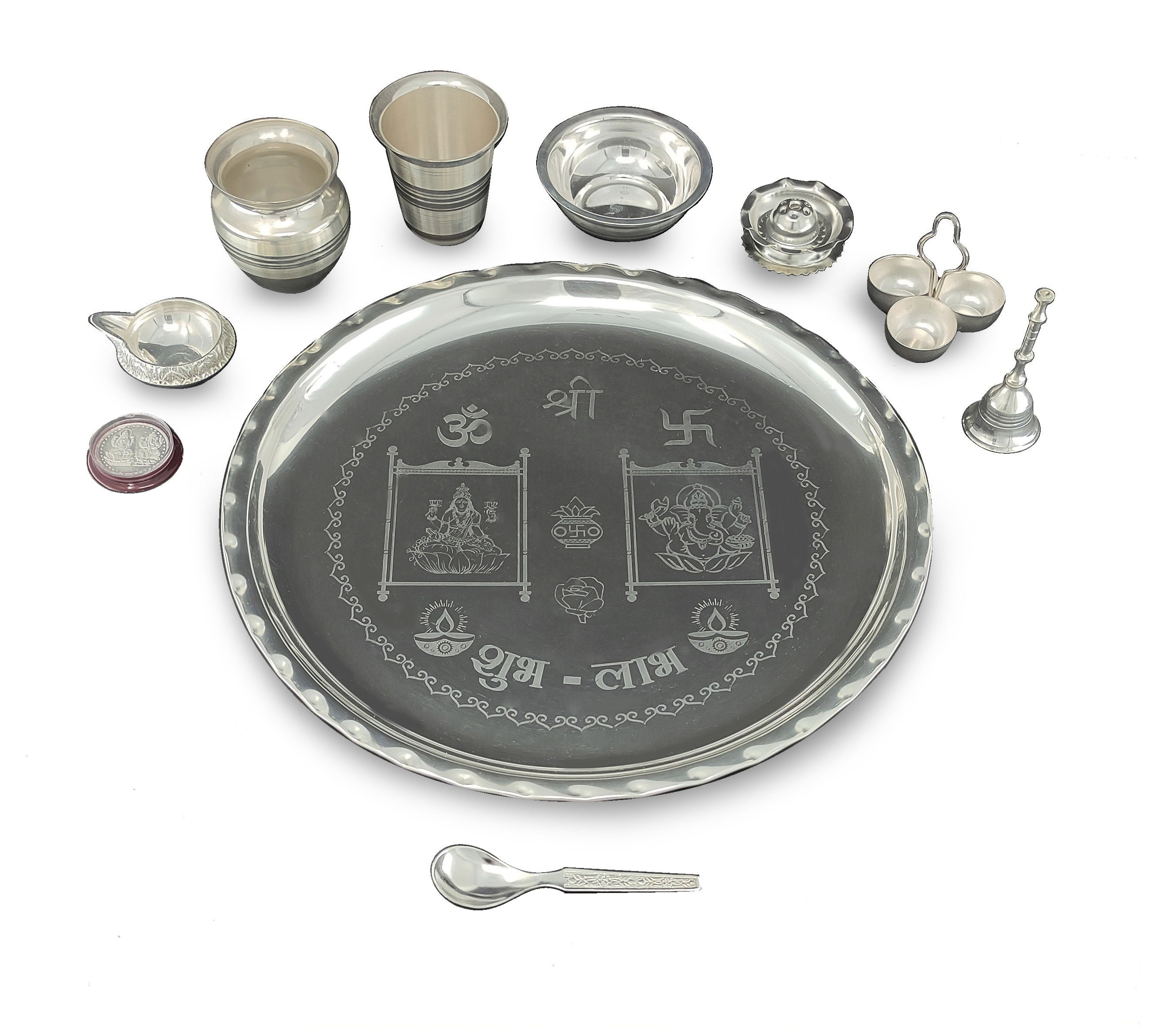 BENGALEN Silver Plated Pooja Thali Set 12 Inch with Designed Puja Plate Glass Kalash Bowl Spoon Dhup Dan Ghanti Coin Hamdi Kumkum Stand Kuber Diya for Home Mandir Office Wedding Return Gift Items