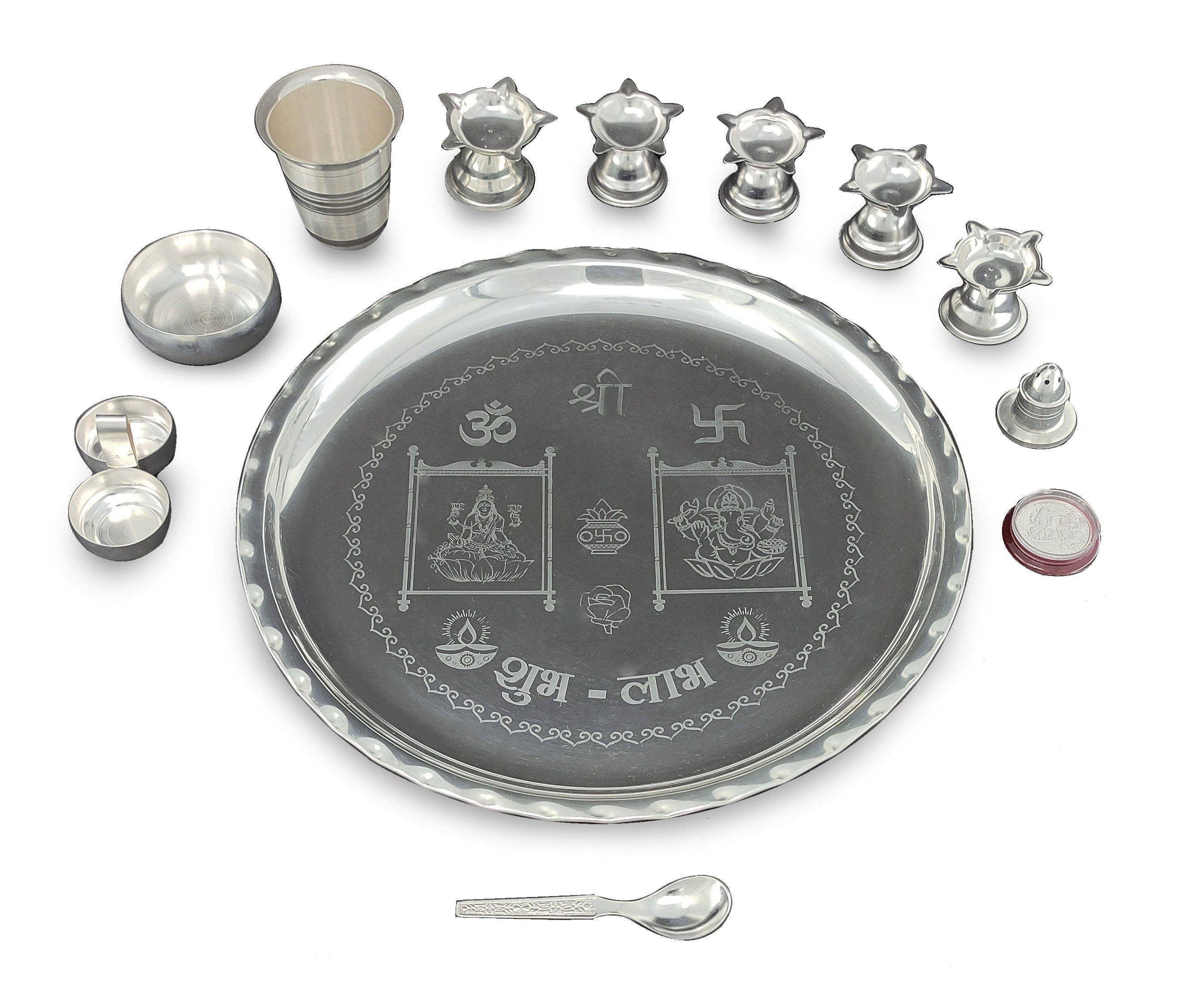 BENGALEN Silver Plated Pooja Thali Set 12 Inch with Designed Puja Thali Glass Bowl Dhup Dan Haldi Kumkum Stand Diya Spoon Coin for Home Mandir Office Wedding Return Gift Items