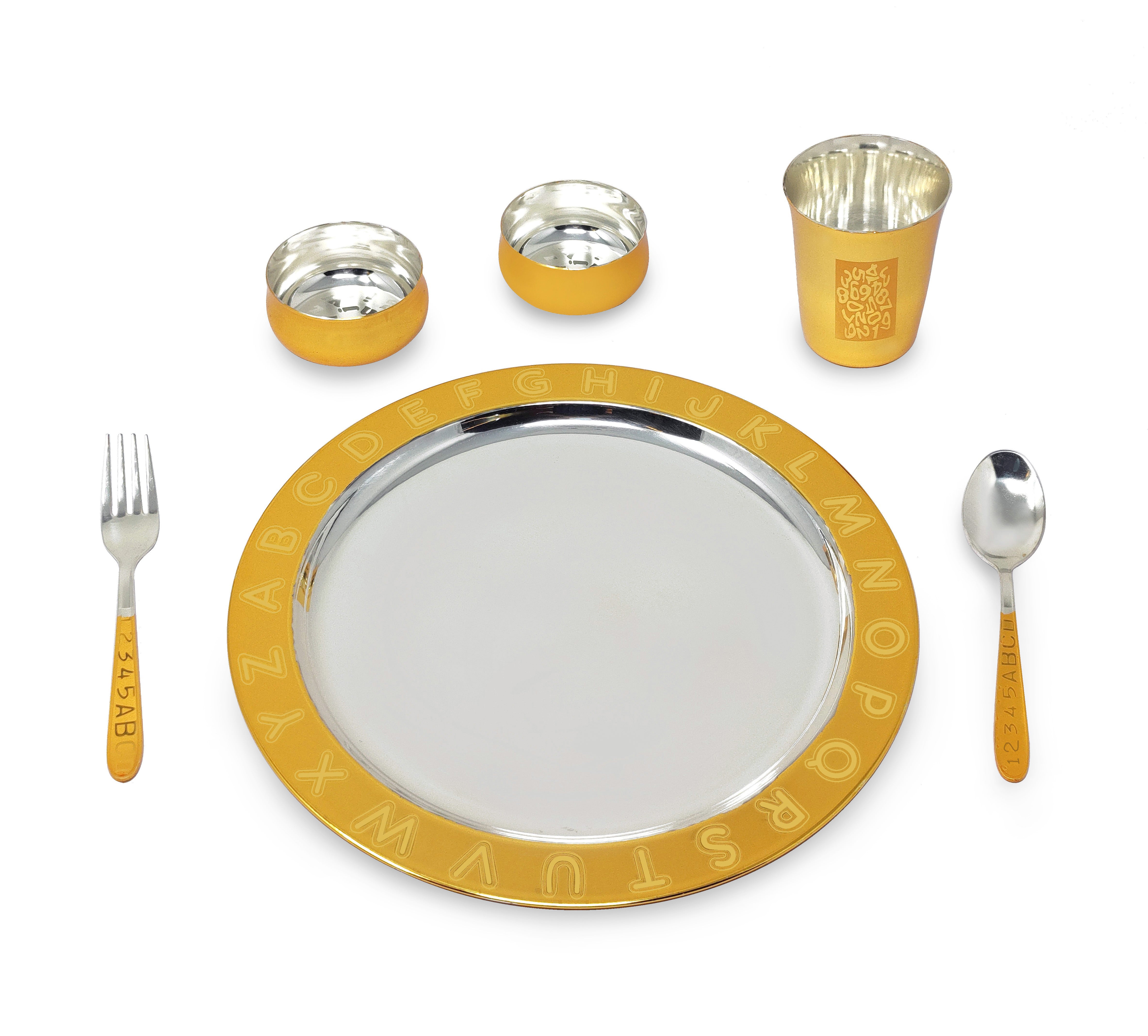 Bengalen Gold & Silver Plated Baby Dinner Set With Gray Velvet Box for Gift Rice Ceremony Annaprashan Sanskar for Boys Girls Kids Birthday Return Festive Gift Items