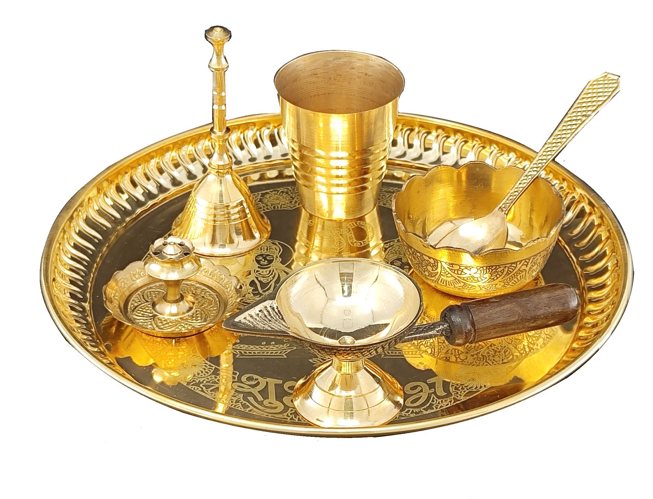 BENGALEN Brass Pooja Thali Set 8 Inch with Pital Puja Plate Glass Bowl Spoon Diya Ghanti Dhup Dan Arti Thali for Diwali Home Office Mandir Wedding Return Gift Items