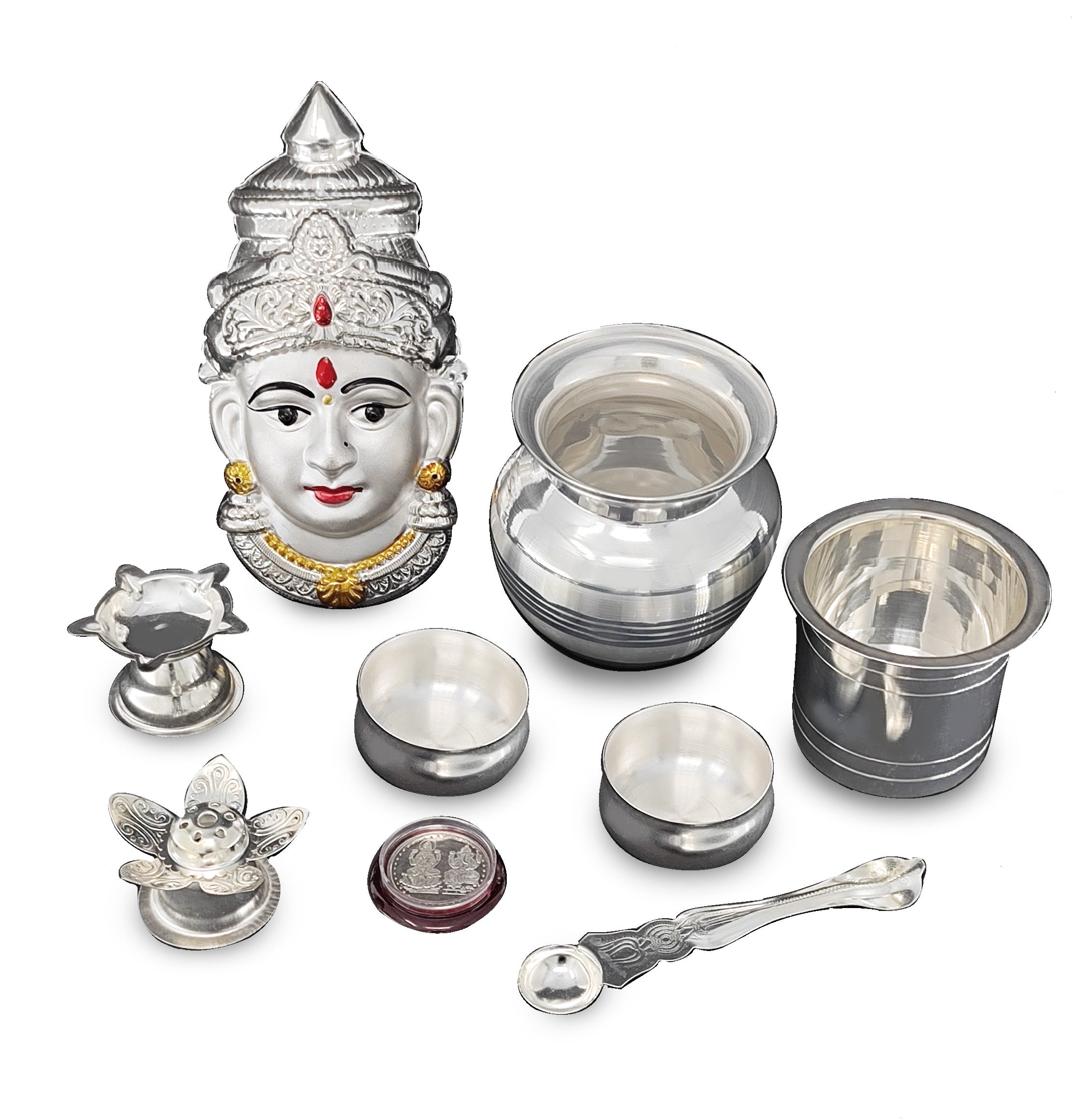 BENGALEN Silver Plated Pooja thali Set with Varalakshmi Devi Mukhota Idol Statue