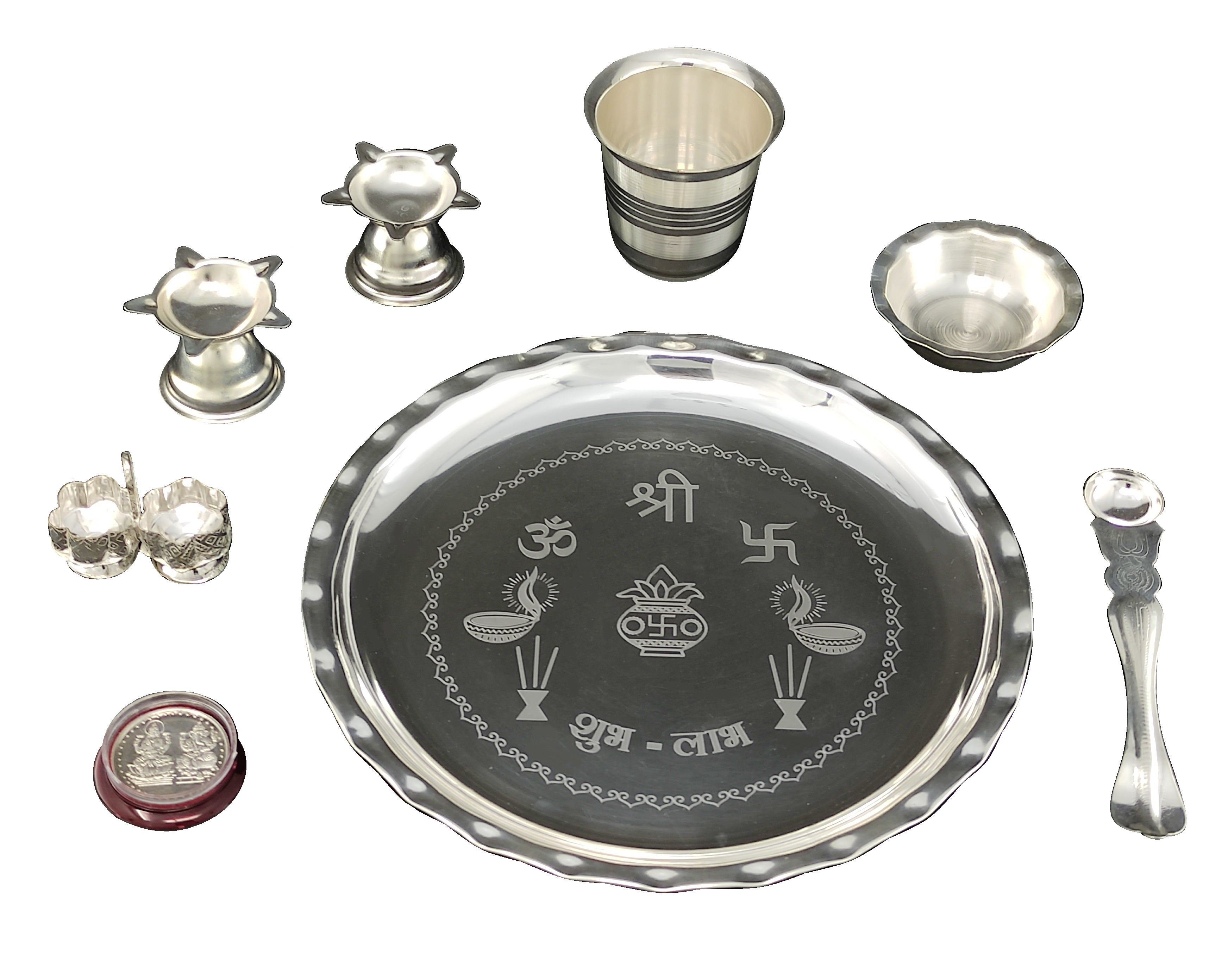 বেঙ্গলেন সিলভার প্লেটেড পূজা থালি সেট 8 ইঞ্চি প্লেট বাটি গ্লাস পল্লী দিয়া কয়েন পূজা থালি দিওয়ালি হোম অফিস মন্দির বিবাহের উপহার সামগ্রীর জন্য