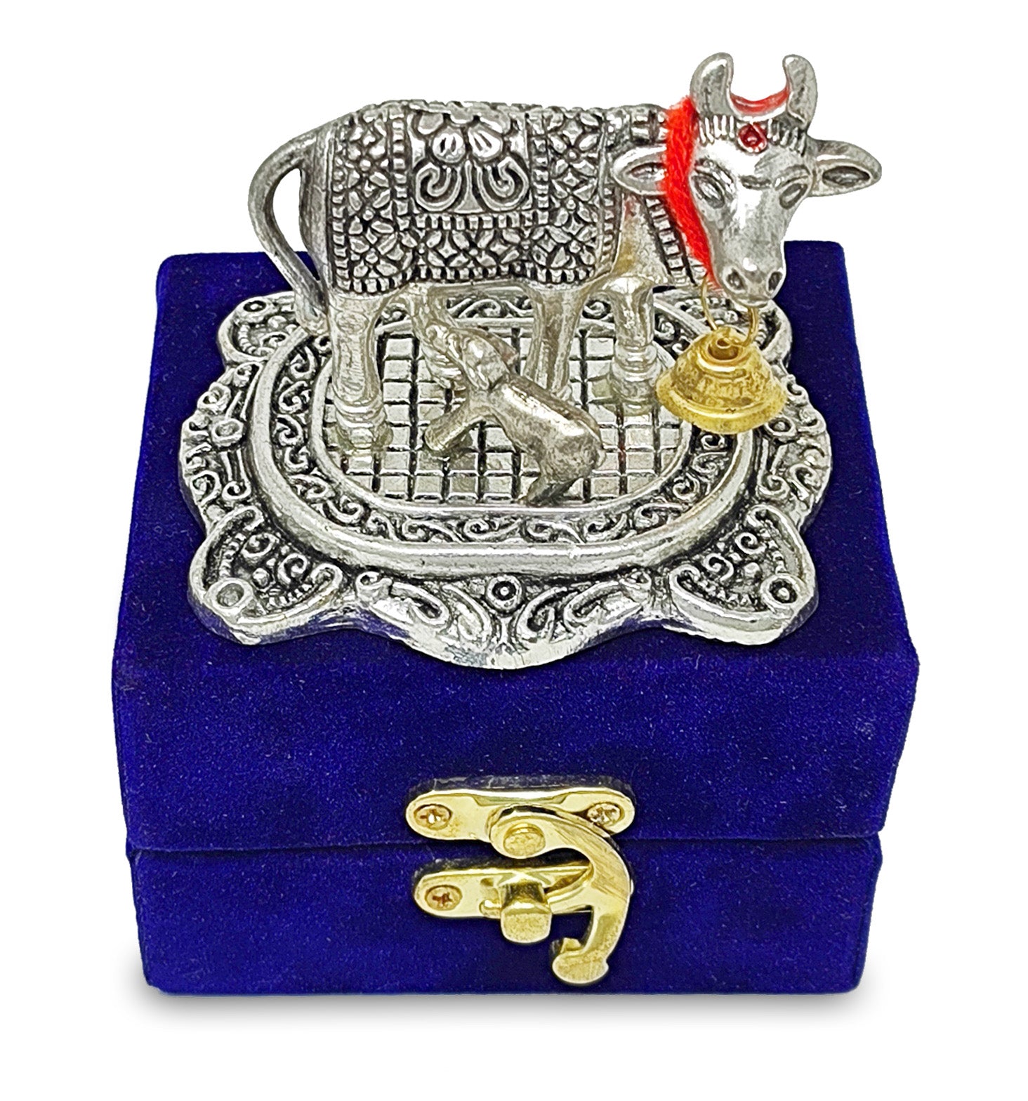 BENGALEN Small Kamdhenu Cow and Calf with Blue Velvet Box Metal Statue Decorative Showpiece for Home, Office, Diwali Decoration, Wedding Return Gift