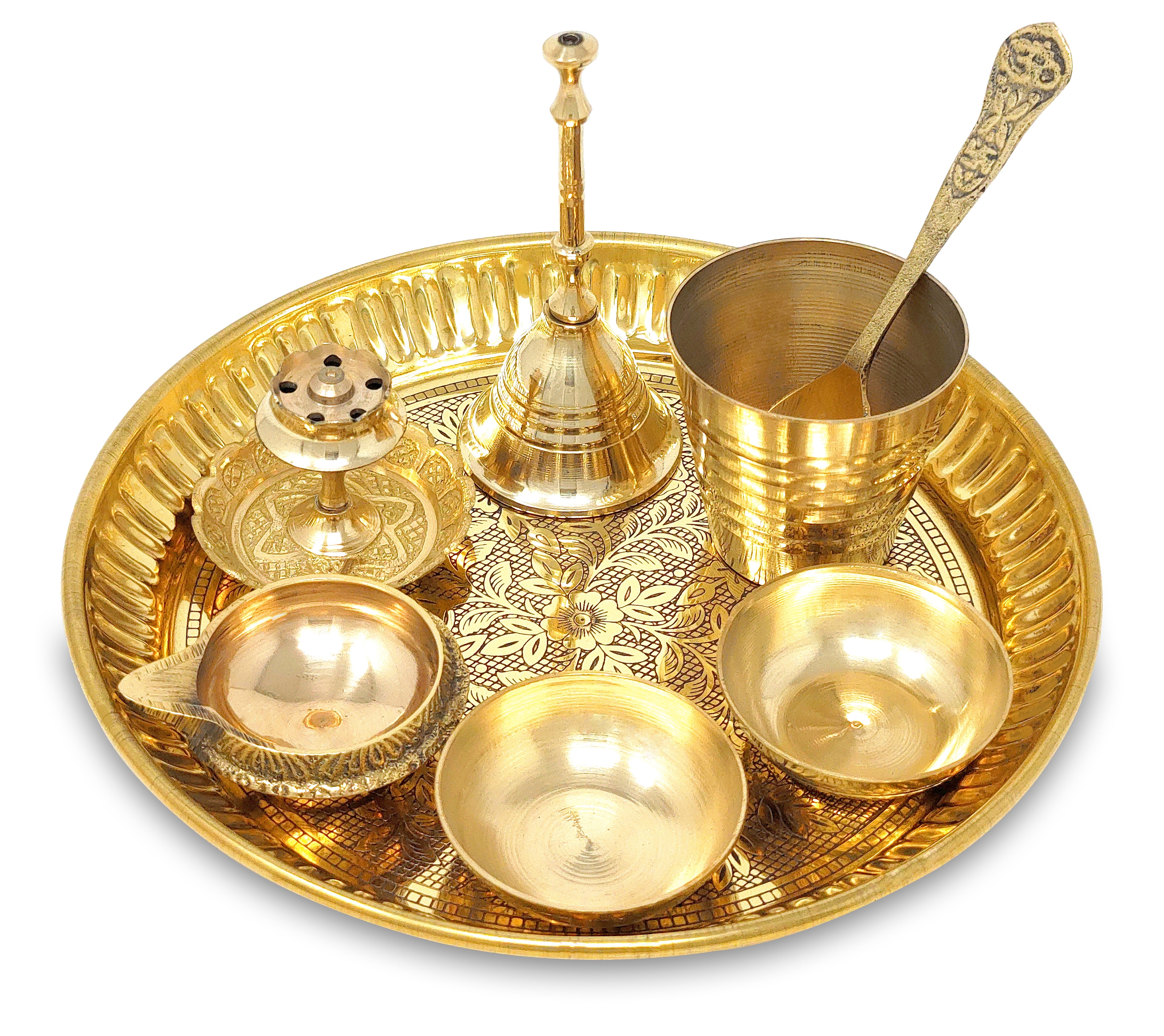 বেঙ্গালেন ব্রাস পূজা থালি সেট 6 ইঞ্চি পূজা থালি সঙ্গে পিটাল প্লেট গ্লাস চন্দন ওয়াটি ধুপ দান কুবের দীপ ঘাঁটি চামচ আরতি থালি দীপাবলি হোম অফিস মন্দির বিবাহের উপহার সামগ্রী ফেরত