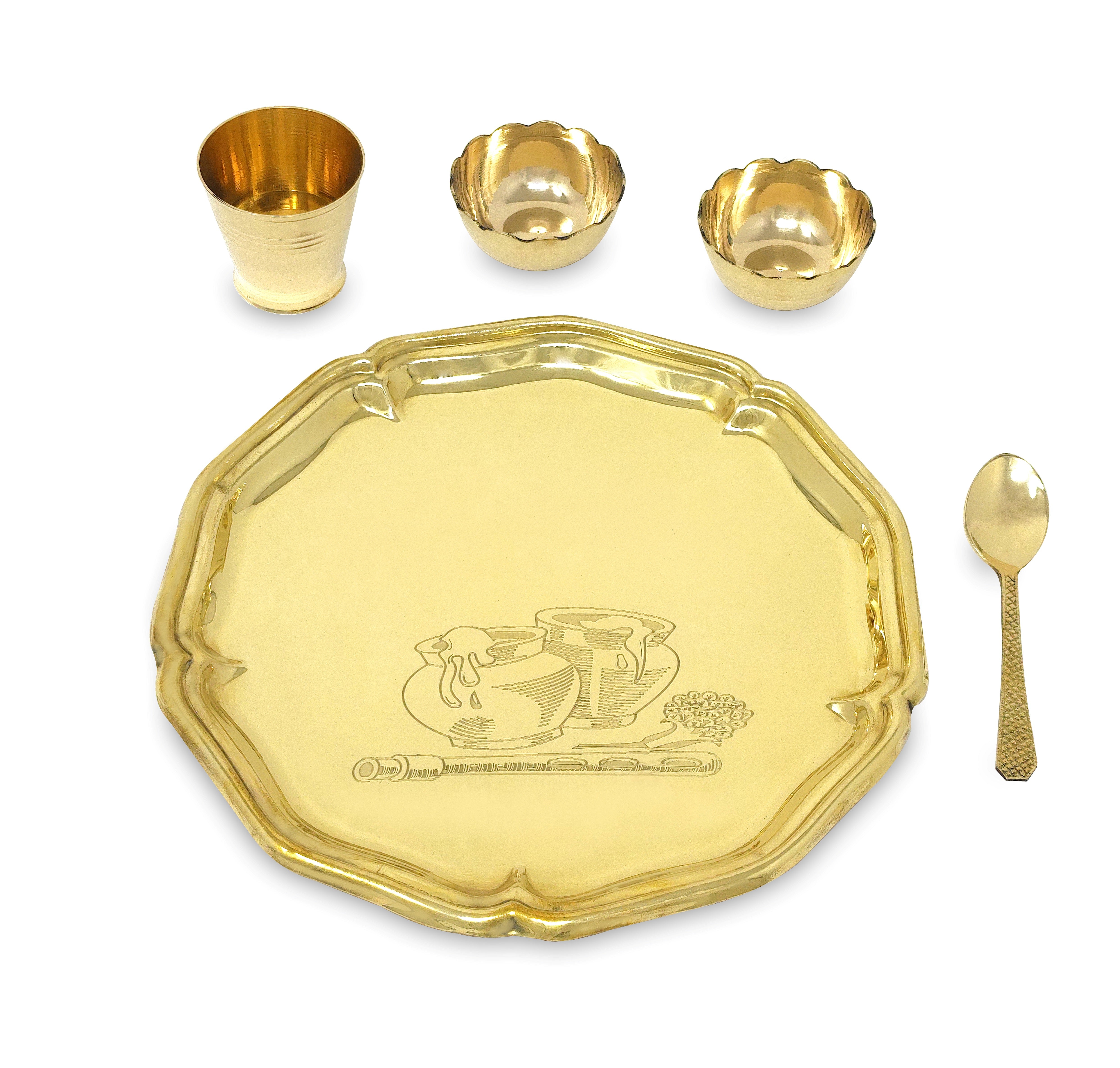 BENGALEN Pooja thali Set Brass Small 8 Inch With Gray Gift Box Laddu Gopal Bhog Thali for Janmashtami Decoration Puja Item Festival Puja Krishna Bhog Thali Set for Home Office Mandir Return Gift Items