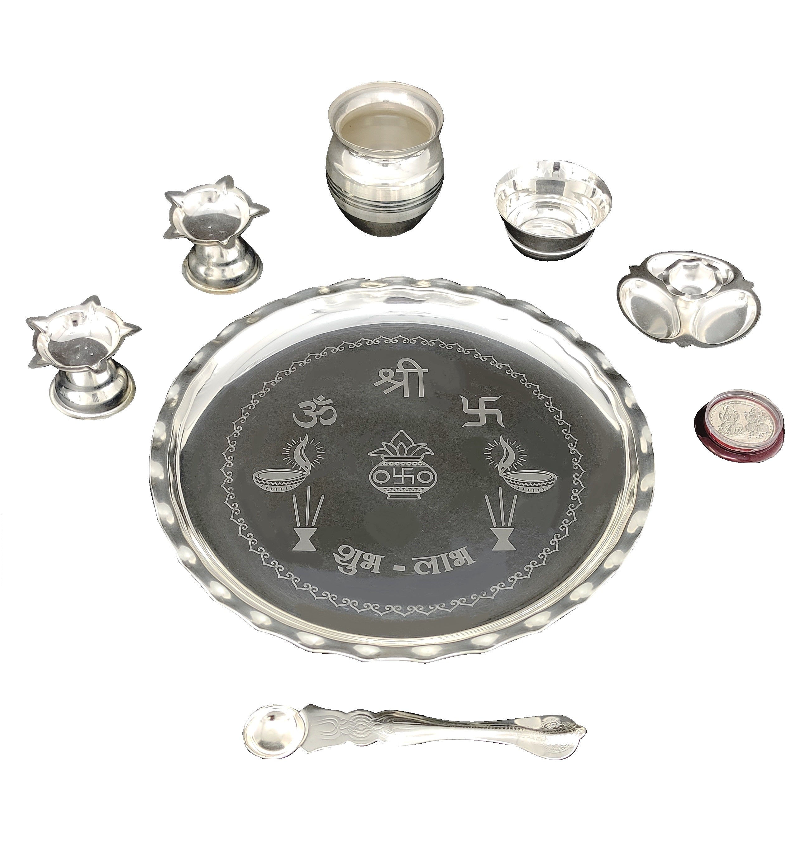 BENGALEN Silver Plated Pooja thali Set 9.5 Inch with Plate Bowls Ghanti Kalash Palli Diya Dhup Dan Puja Thali for Home Mandir Office Diwali Wedding Return Gift Items