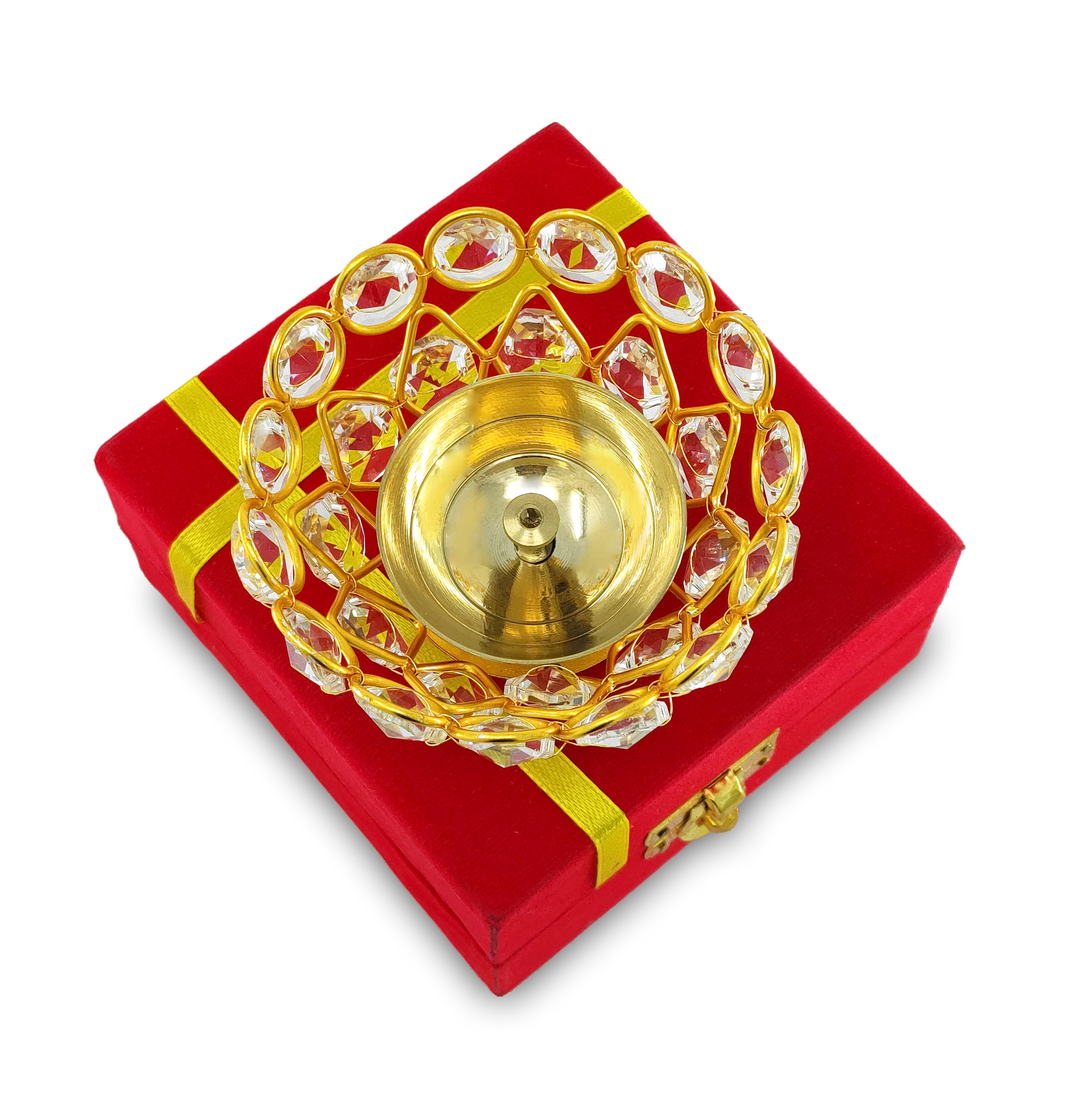 BENGALEN Crystal Diya with Red Velvet Gift Box Brass Chrystal Akhand Piyali Dia Pooja Items Diwali Decoration Puja Gifts Handmade Oil Lamp