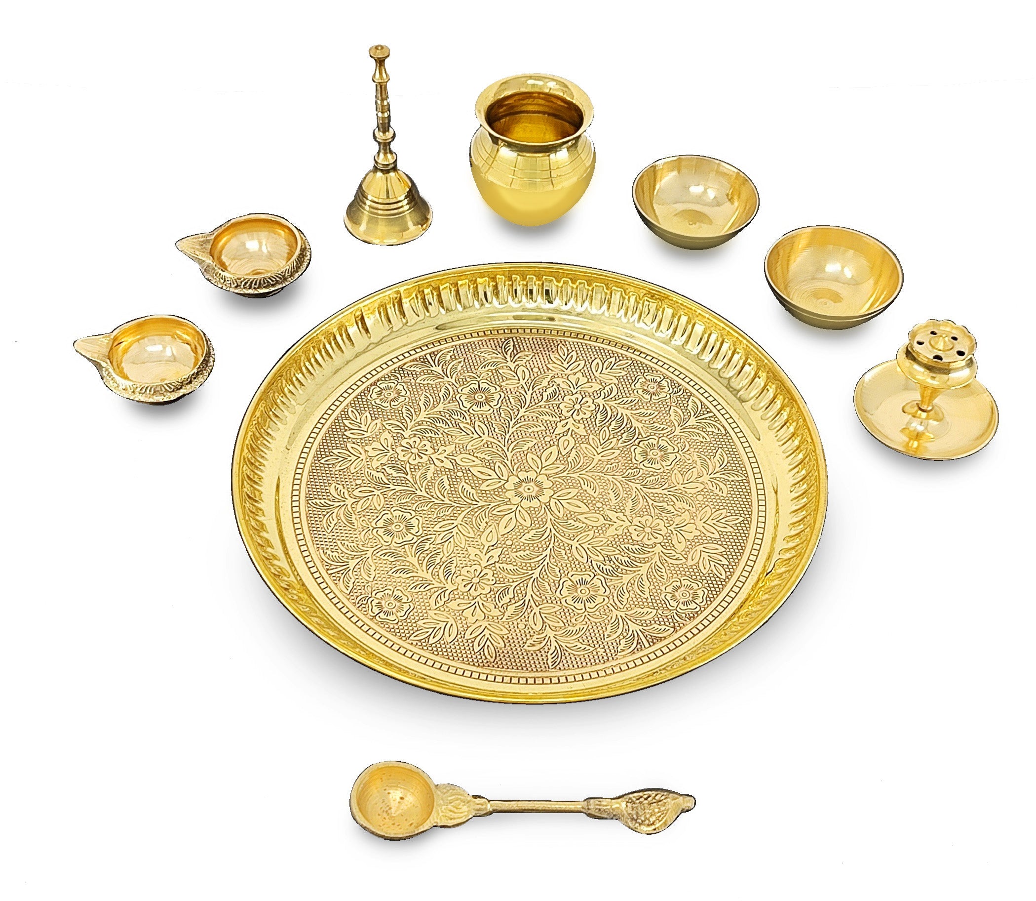 BENGALEN Brass Pooja Thali Set 8 Inch Puja Thali with Pital Plate Kalash Palli Chandan Vati Kuber Deep Dhup Dan Ghanti Arti Thali for Diwali Home Office Mandir Wedding Return Gift Items