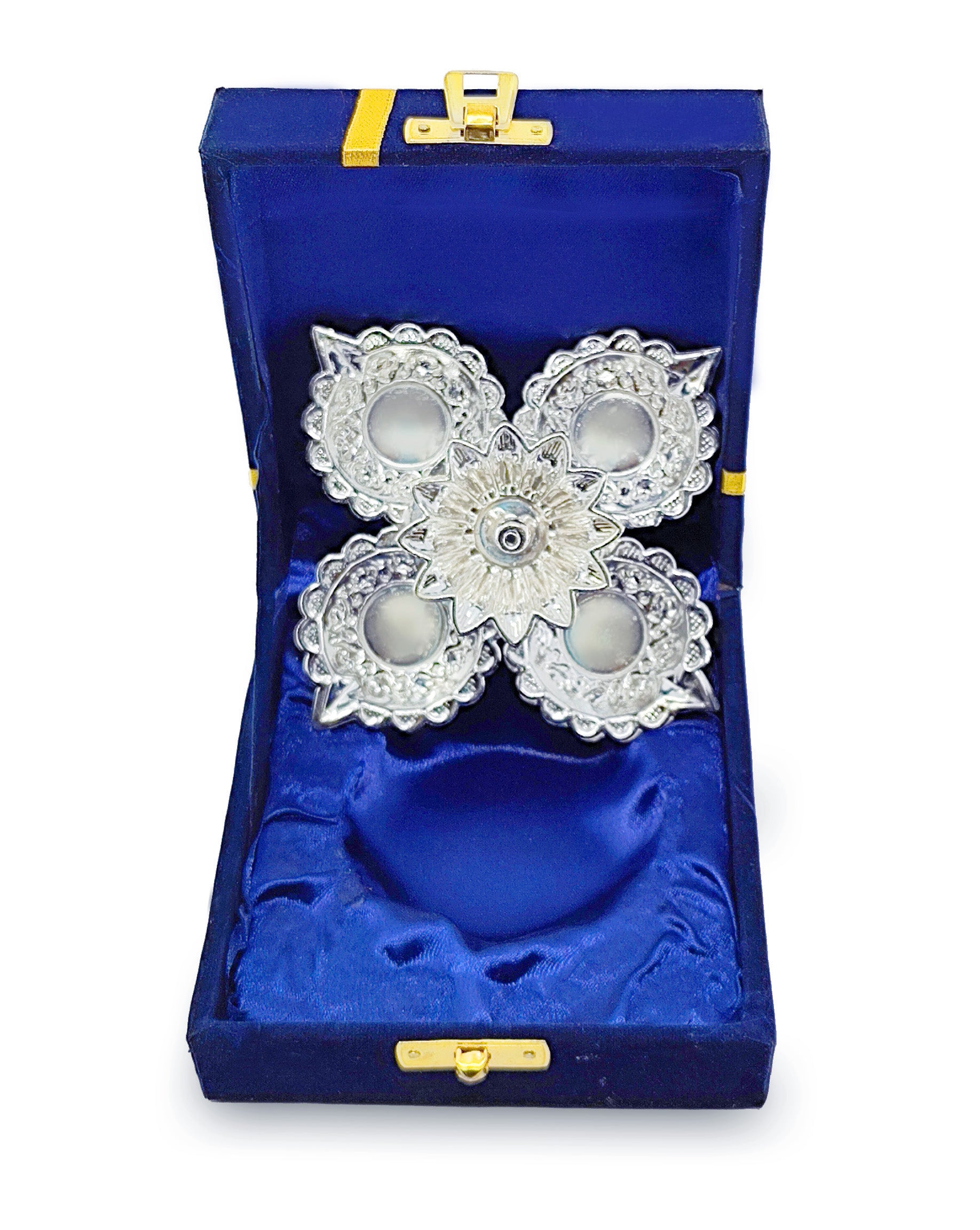 BENGALEN Silver Plated Panchmukhi Diya with Blue Velvet Gift Box Pooja Items Diwali Decoration Puja Gifts Handmade Gift Items