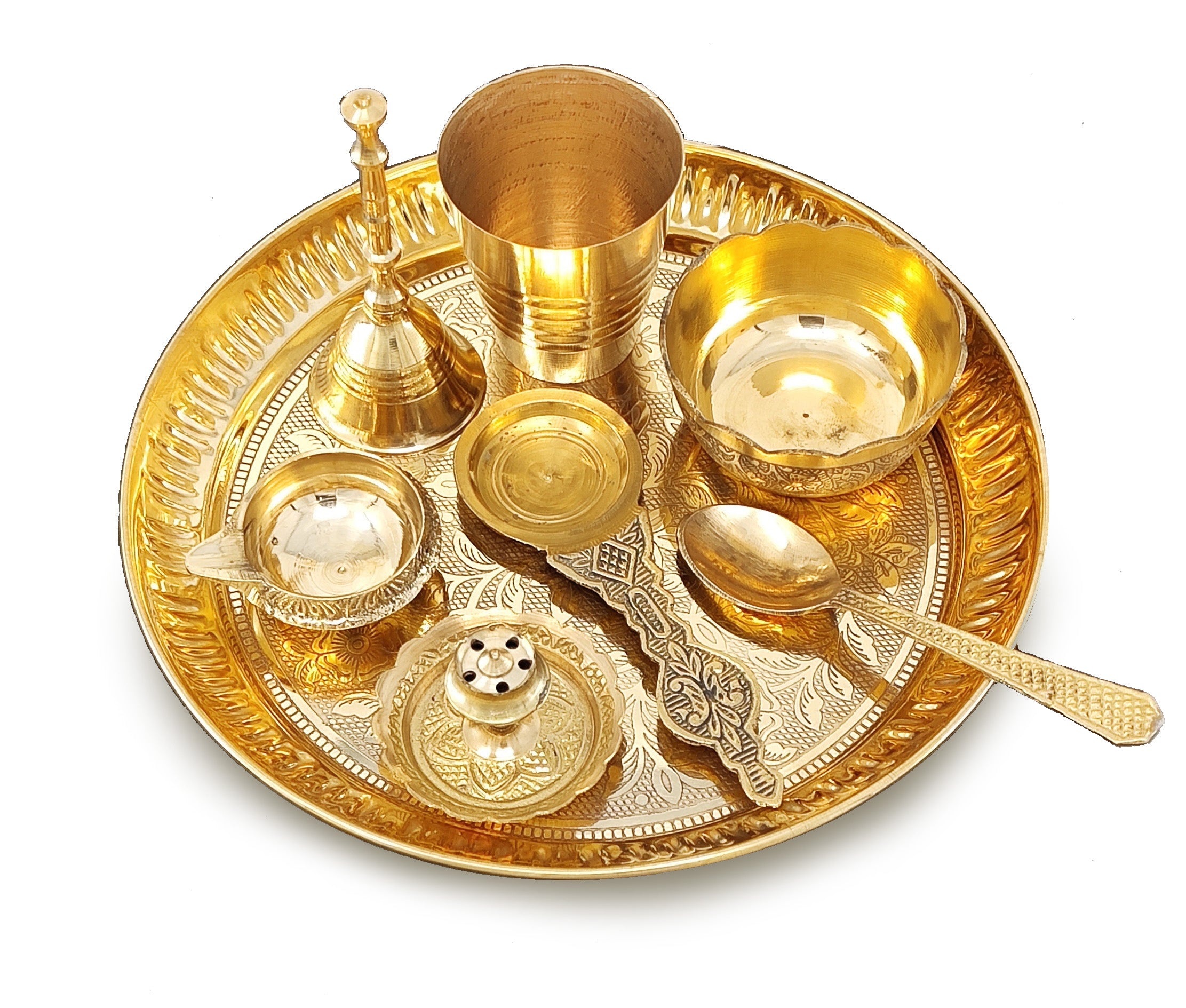 BENGALEN Brass Pooja Thali Set 7 Inch with Pital Puja Plate Kalash Bowl Spoon Dhup Dan Palli Ghanti Kuber Diya Chandan Wati Arti Thali for Diwali Home Office Mandir Wedding Return Gift Items