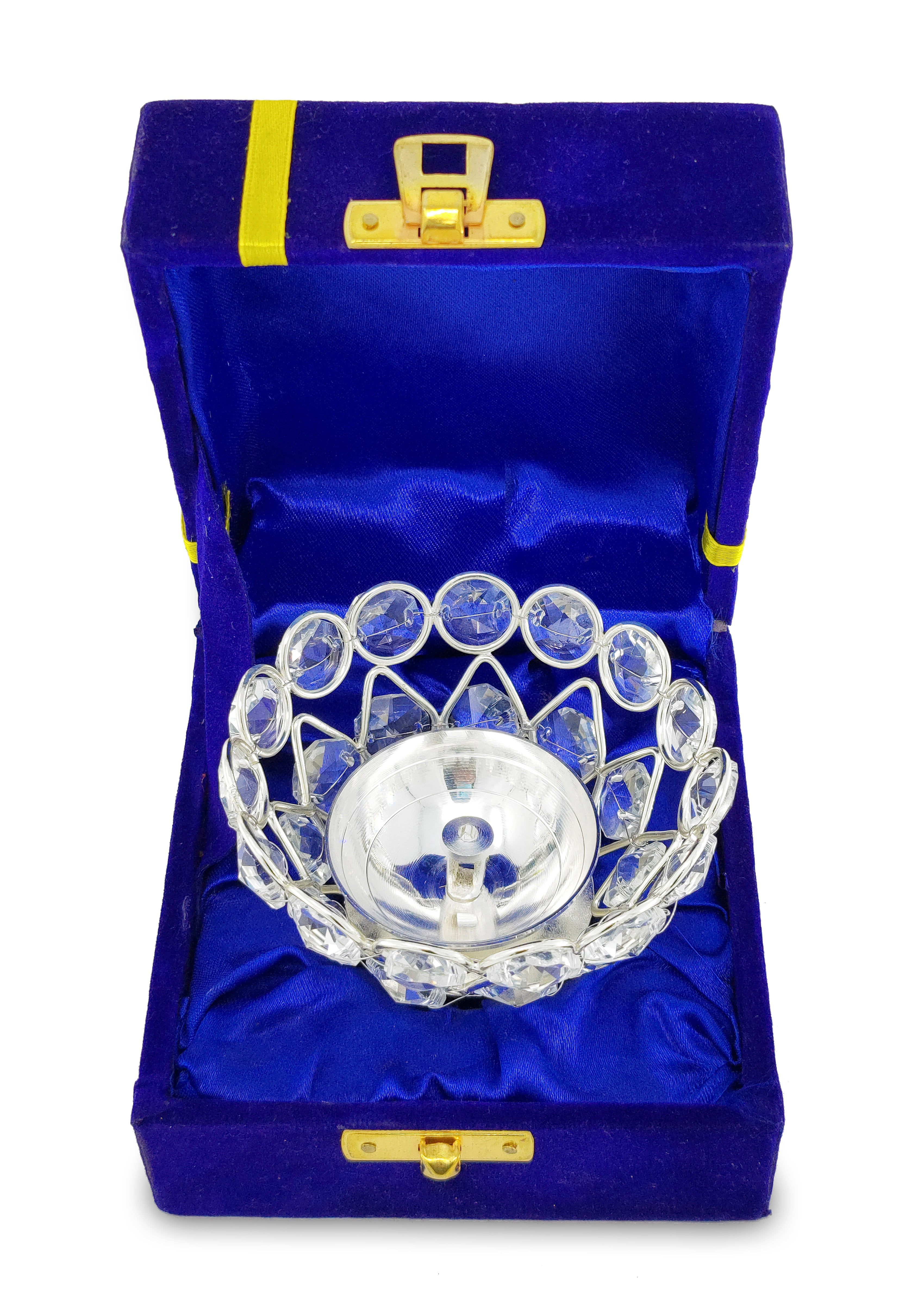 BENGALEN Crystal Diya with Blue Velvet Gift Box German Silver Chrystal Akhand Piyali Dia Pooja Items Diwali Decoration Puja Gifts Handmade Oil Lamp