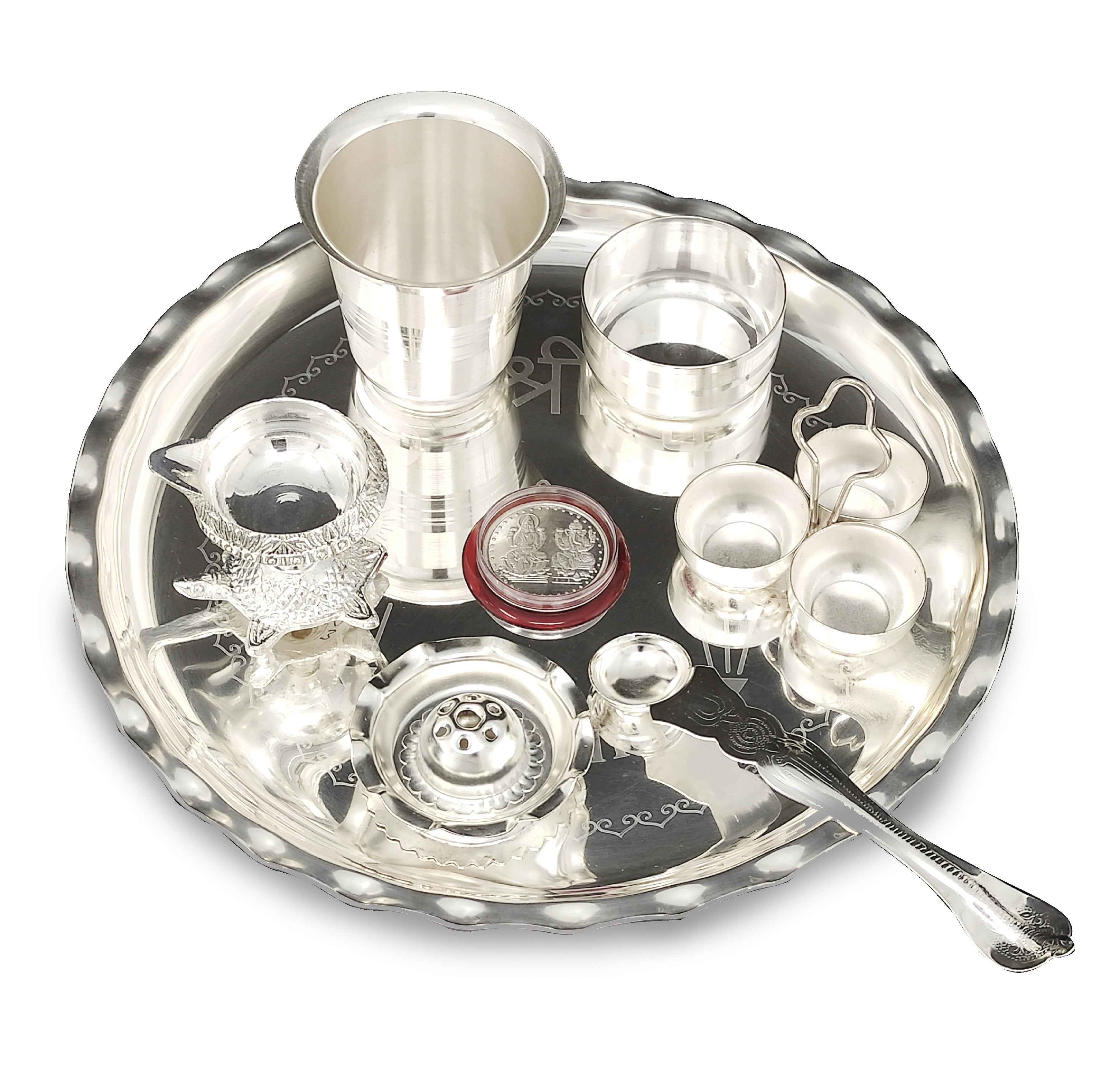 BENGALEN Pooja Thali Set Silver Plated 9.5 Inch Plate with Coin Glass Bowl Tortoise Diya Dhup Dan Palli Kumkum Stand for Puja Diwali Home Decor Temple Office Wedding Return Gift Items