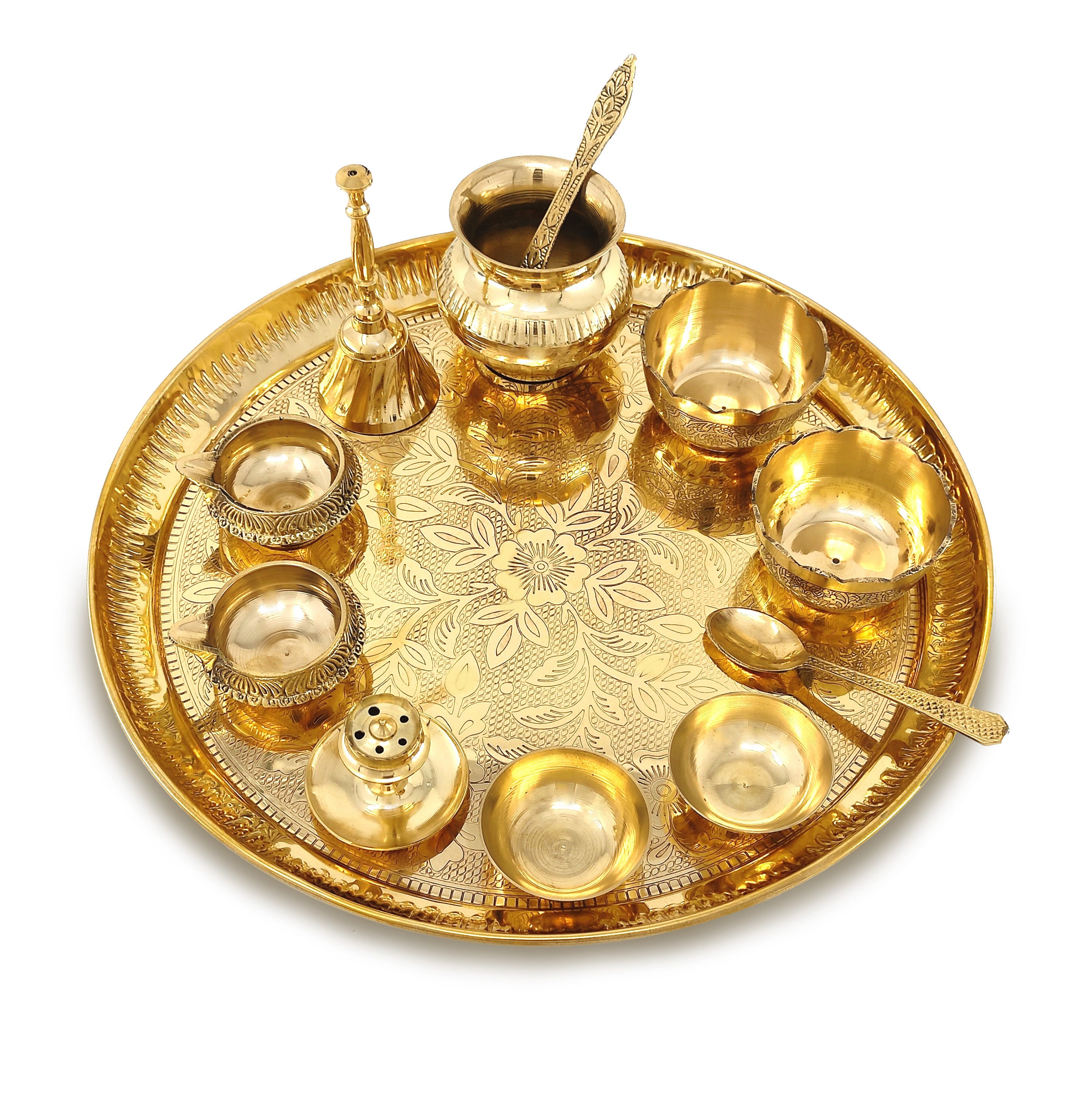 Bengalen Brass Pooja Thali Set 12 Inch with Pital Plate Kalash Bowl Spoon Palli Ghanti Kuber Diya Chandan Wati Dhup Dan Puja Thali for Diwali Home Office Mandir Wedding Return Gift Items