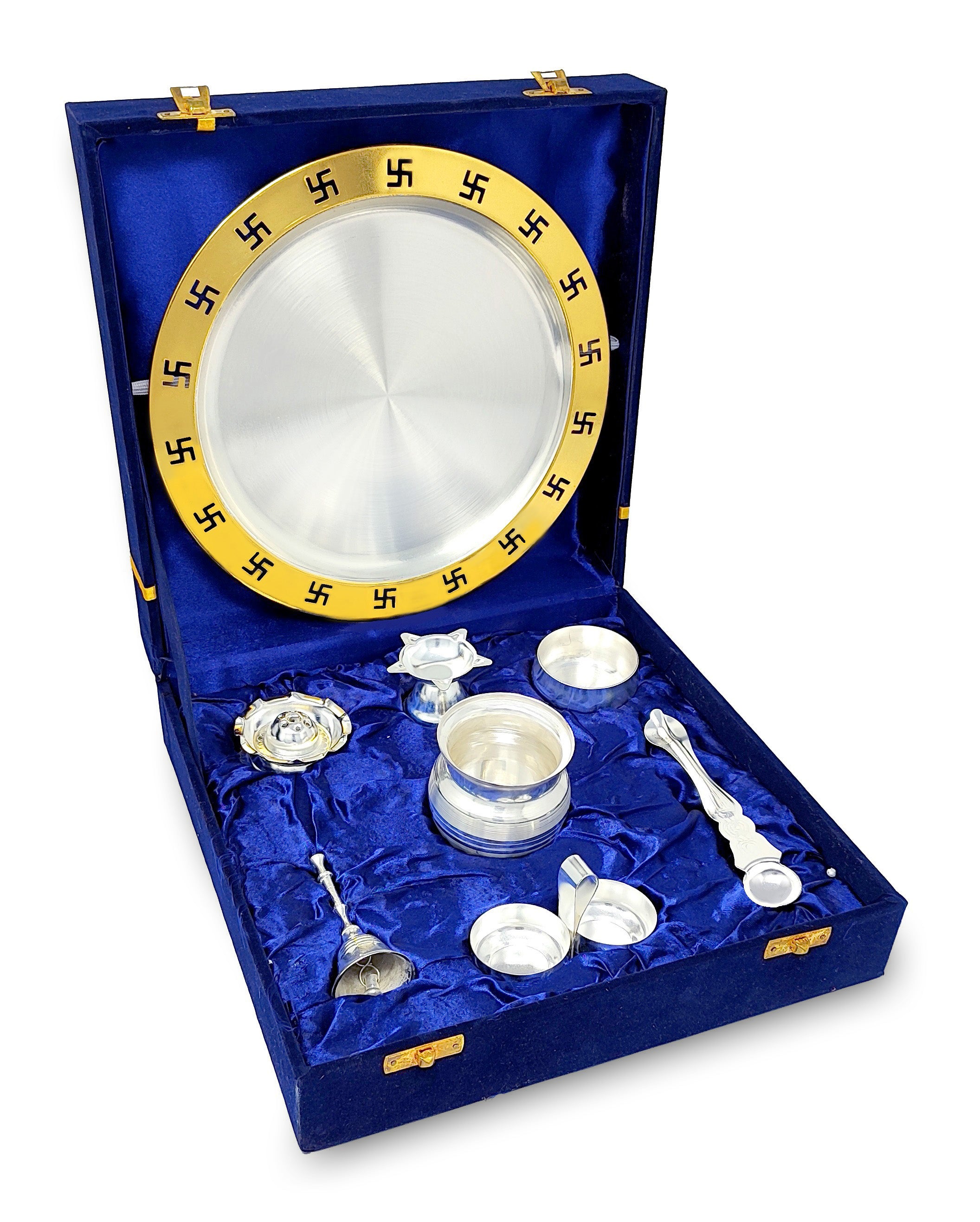 BENGALEN Pooja Thali Set 9 Inch Gold & Silver Plated with Blue Gift Box