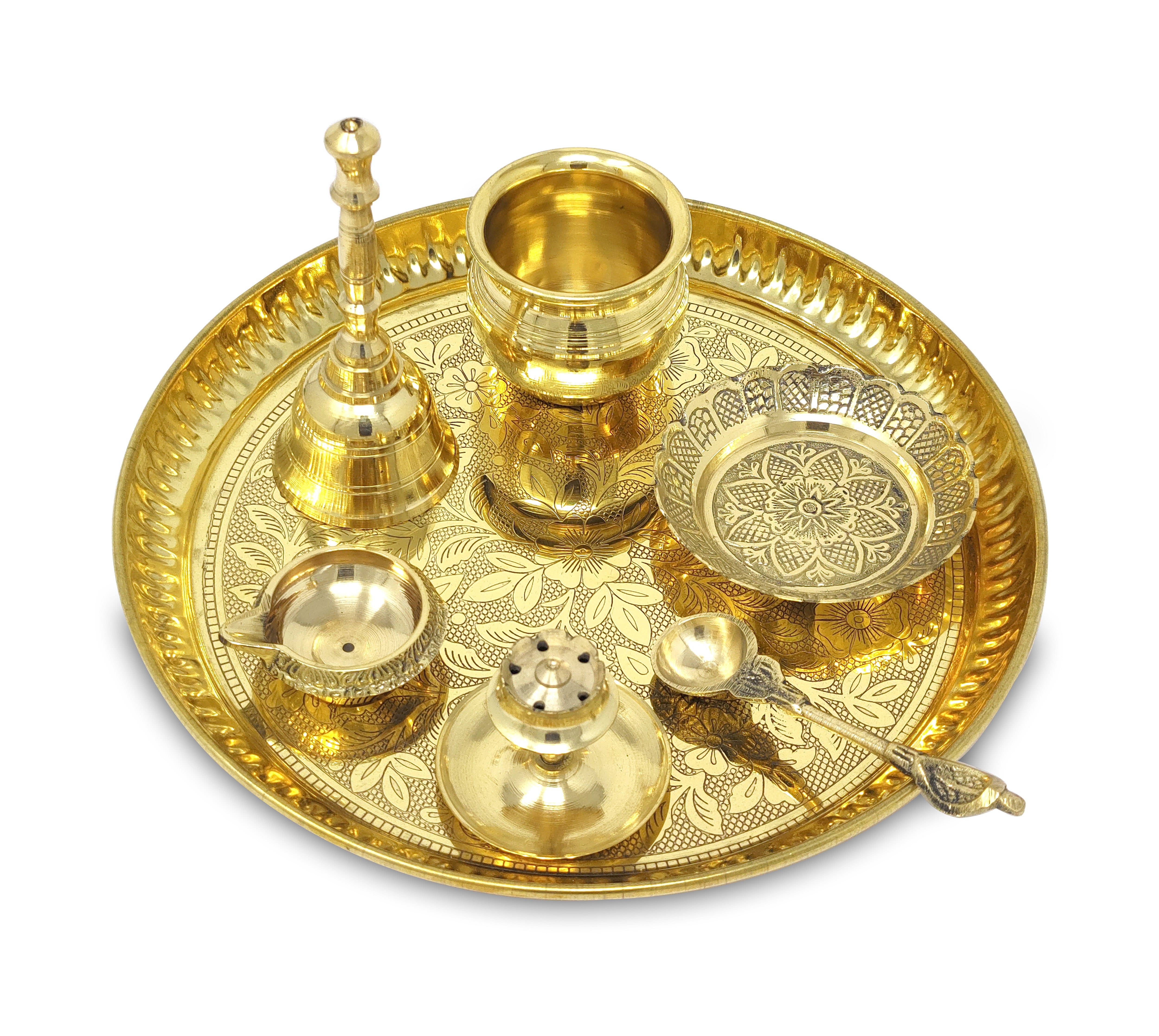 BENGALEN Brass Pooja Thali Set with Blue Gift Box 8 Inch