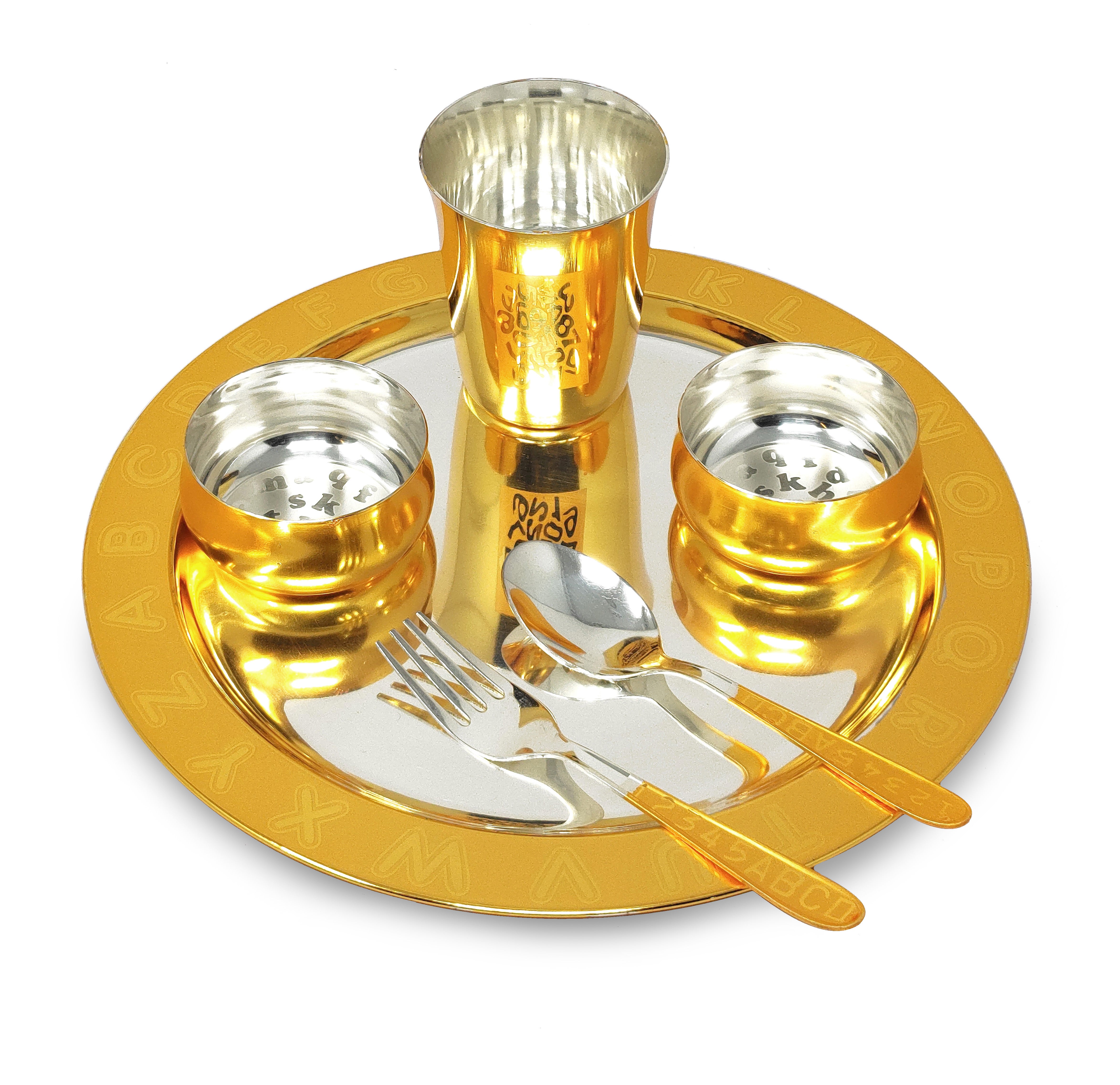 Bengalen Gold & Silver Plated Baby Dinner Set With Gray Velvet Box for Gift Rice Ceremony Annaprashan Sanskar for Boys Girls Kids Birthday Return Festive Gift Items