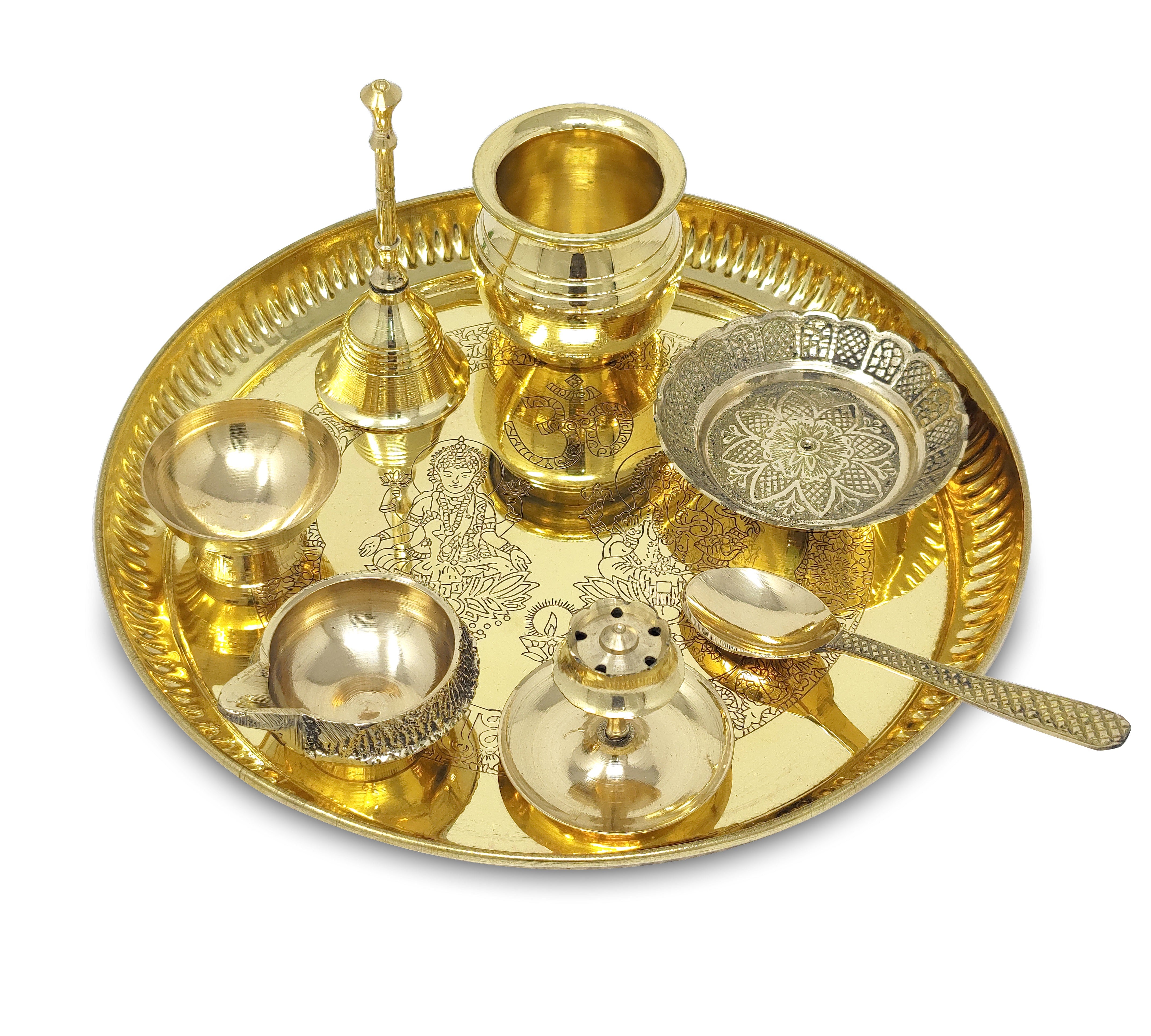 BENGALEN Brass Puja Thali Set with Blue Gift Box 8 Inch