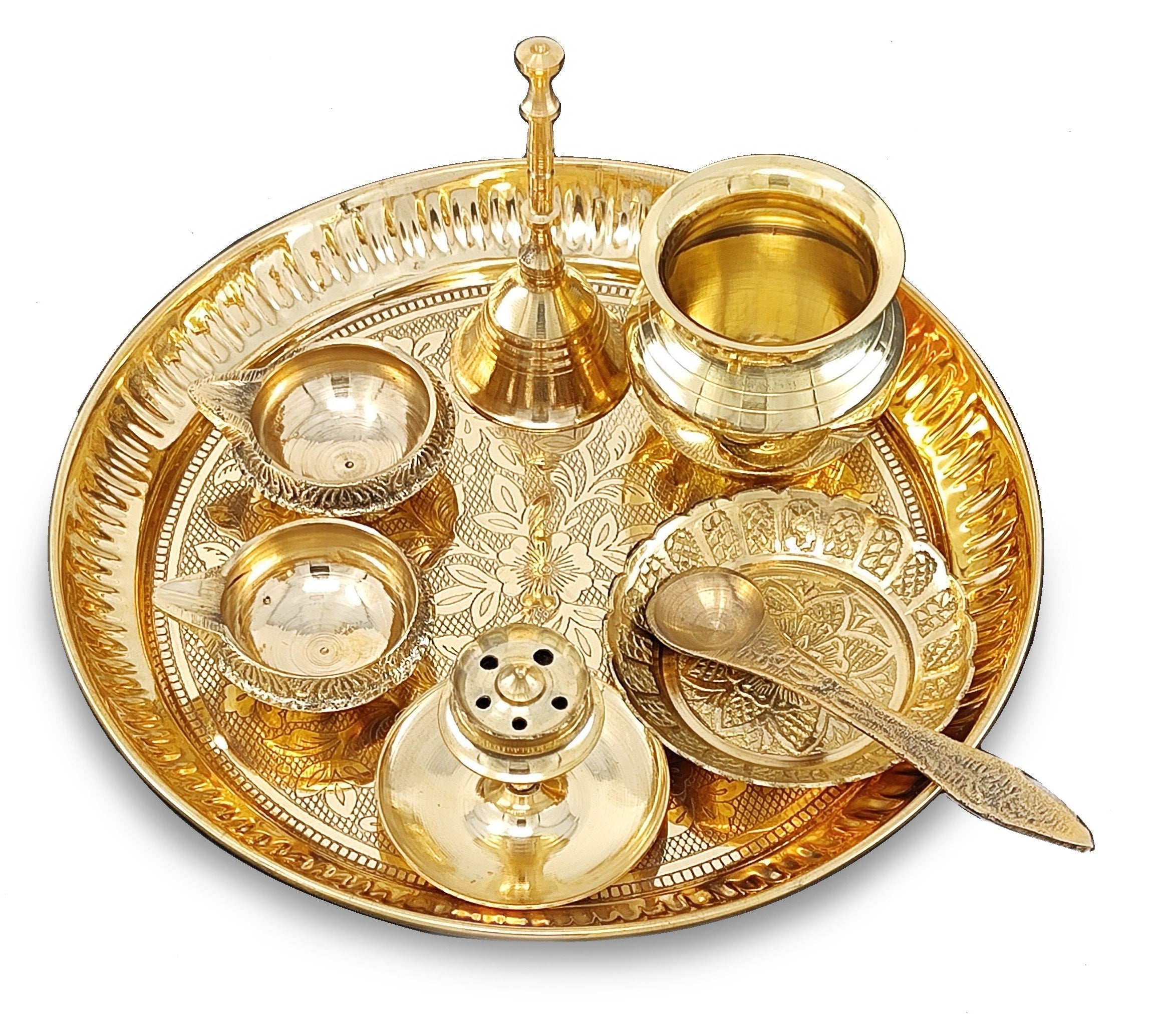 BENGALEN Brass Pooja Thali Set 7 Inch with Pital Puja Plate Kalash Bowl Spoon Dhup Dan Palli Ghanti Kuber Diya Chandan Wati Arti Thali for Diwali Home Office Mandir Wedding Return Gift Items