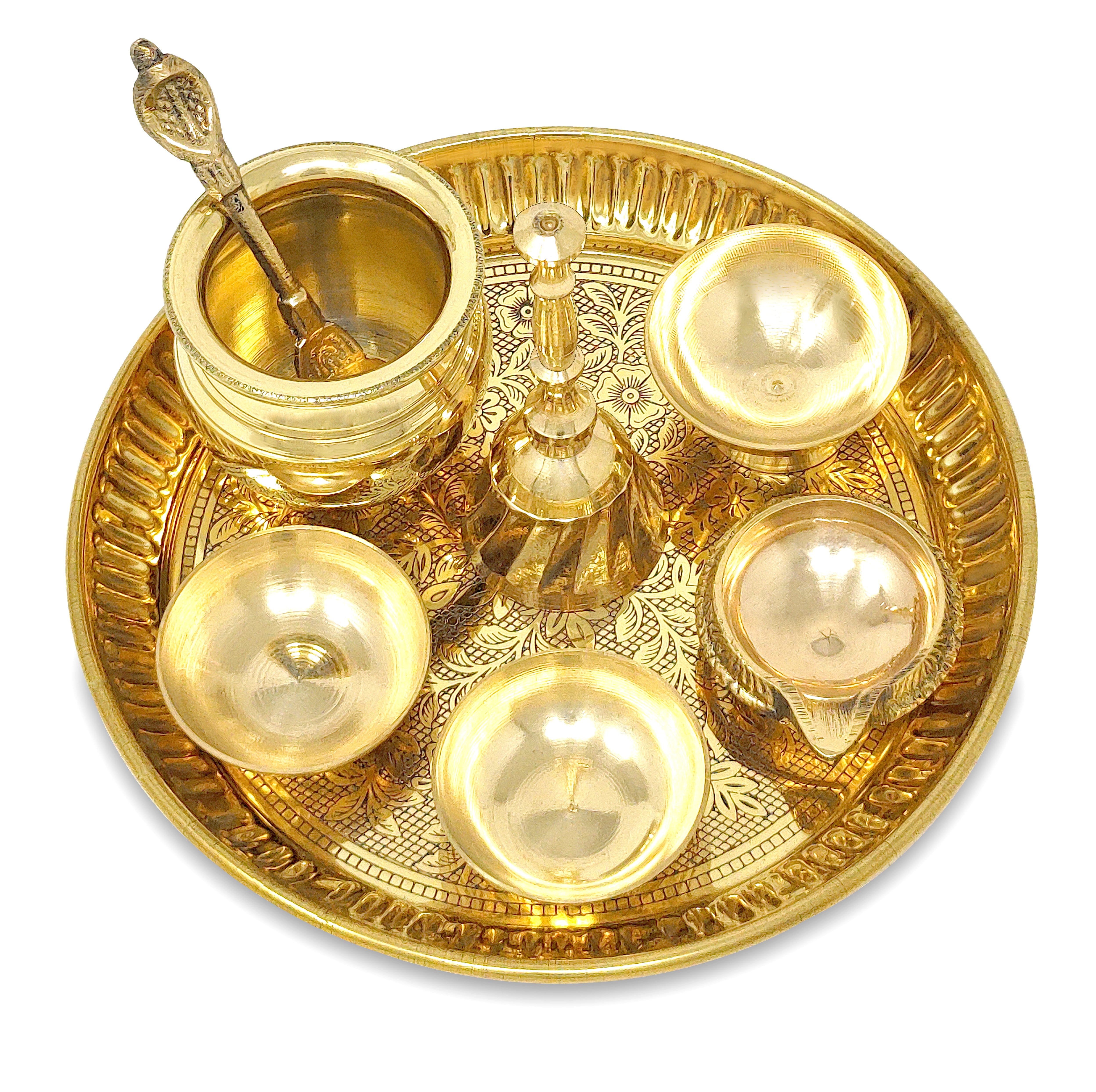 BENGALEN Brass Pooja Thali Set 6 Inch Puja Thali with Pital Plate Chandan Wati Kalash Kuber Diya Ghanti Palli Arti Thali for Diwali Home Office Mandir Wedding Return Gift Items