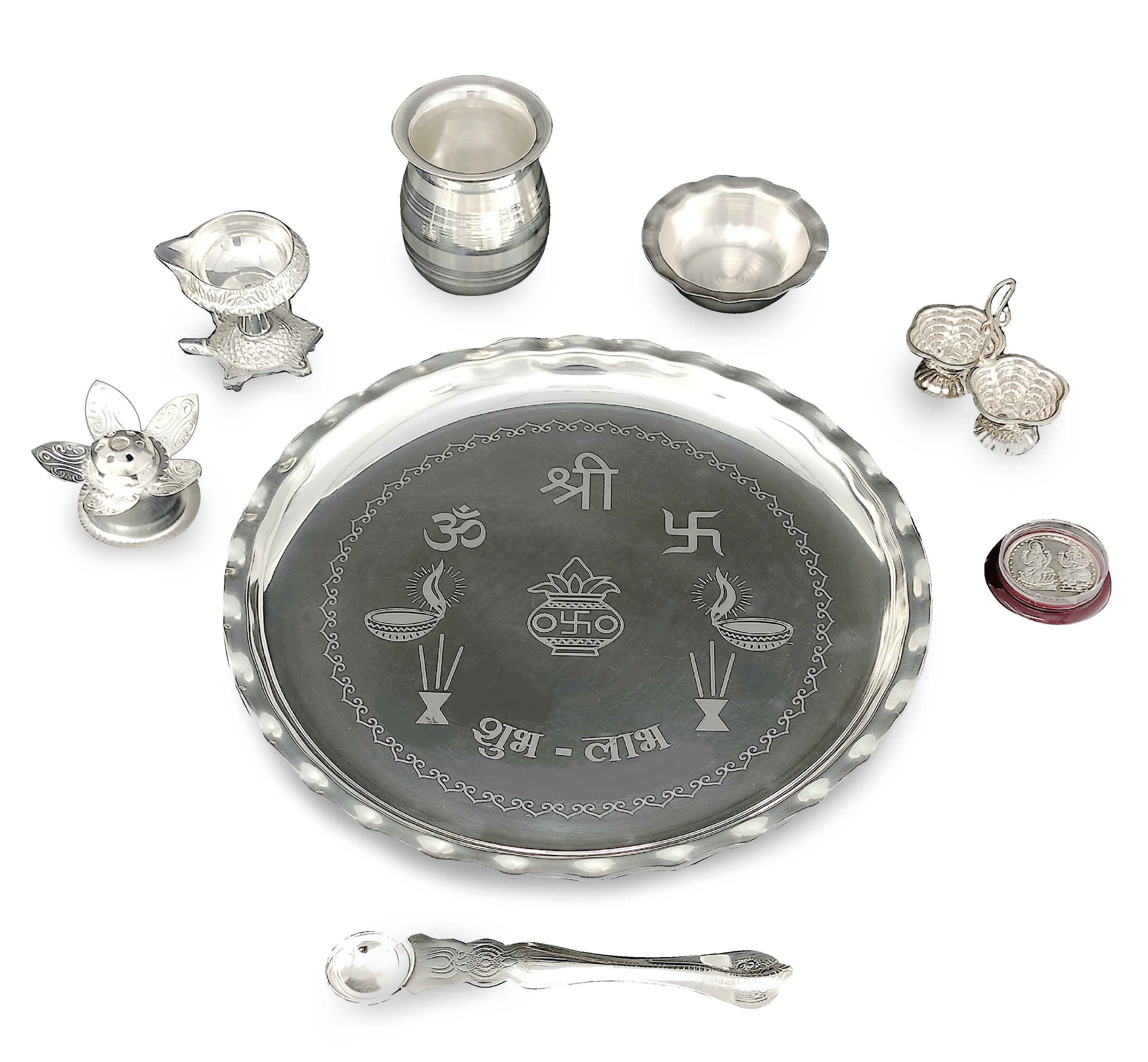 BENGALEN Silver Plated Pooja thali Set 9.5 Inch with Plate Tortoise Diya Haldi Kumkum Stand Kalash Palli Bowl Dhup Dan Puja Thali for Home Mandir Office Diwali Wedding Return Gift Items