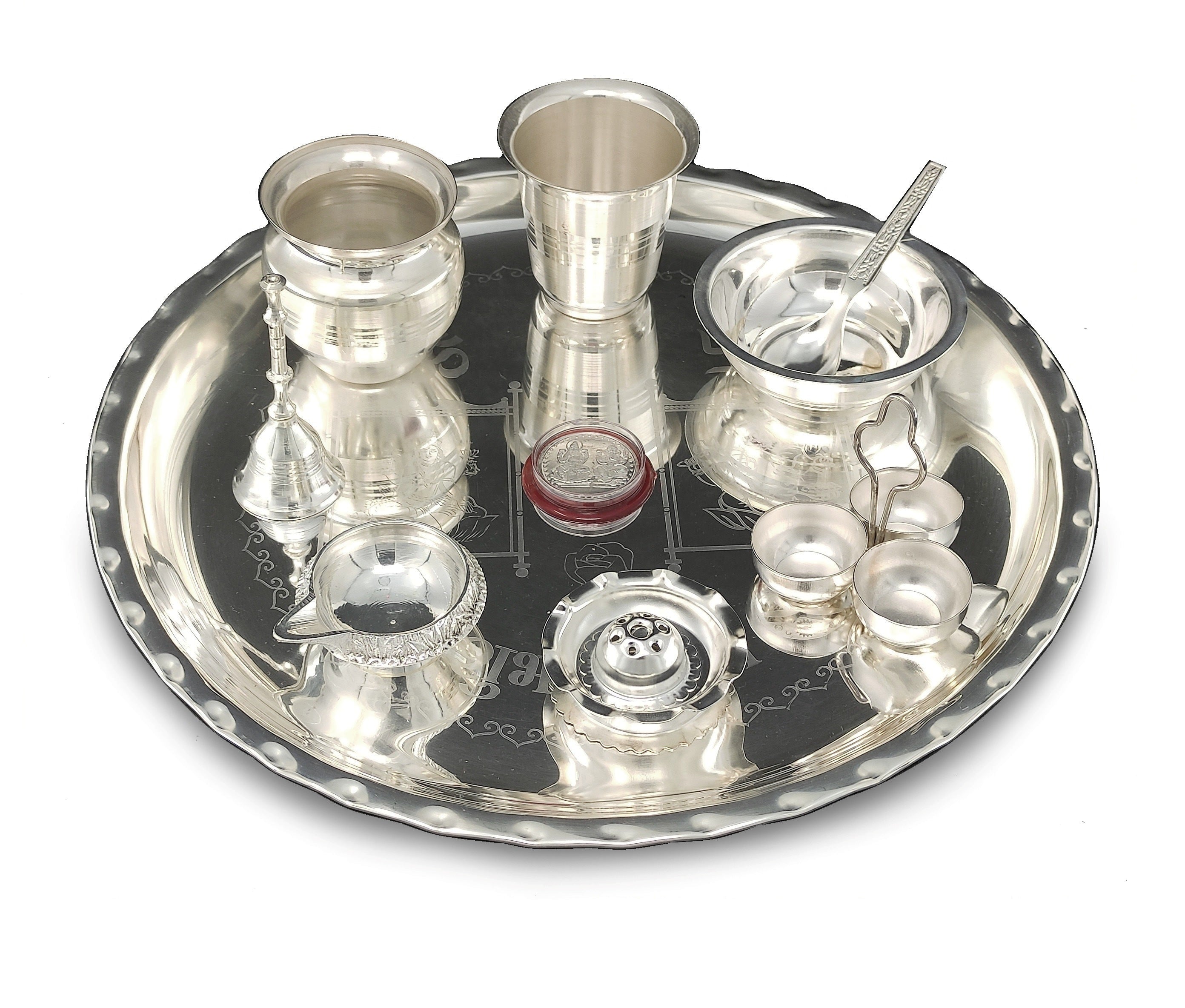 BENGALEN Silver Plated Pooja Thali Set 12 Inch with Designed Puja Plate Glass Kalash Bowl Spoon Dhup Dan Ghanti Coin Hamdi Kumkum Stand Kuber Diya for Home Mandir Office Wedding Return Gift Items