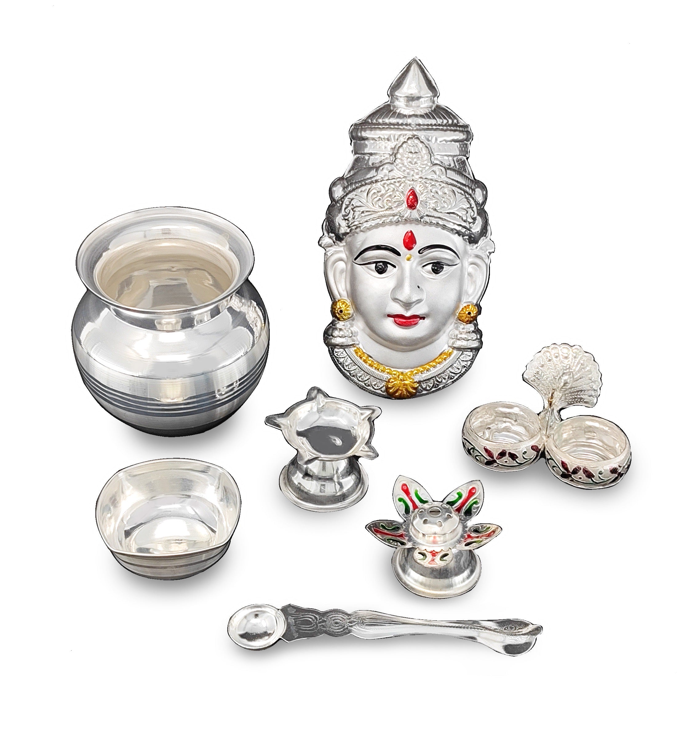 BENGALEN Silver Plated Pooja thali Set with Varalakshmi Devi Mukhota Idol Statue