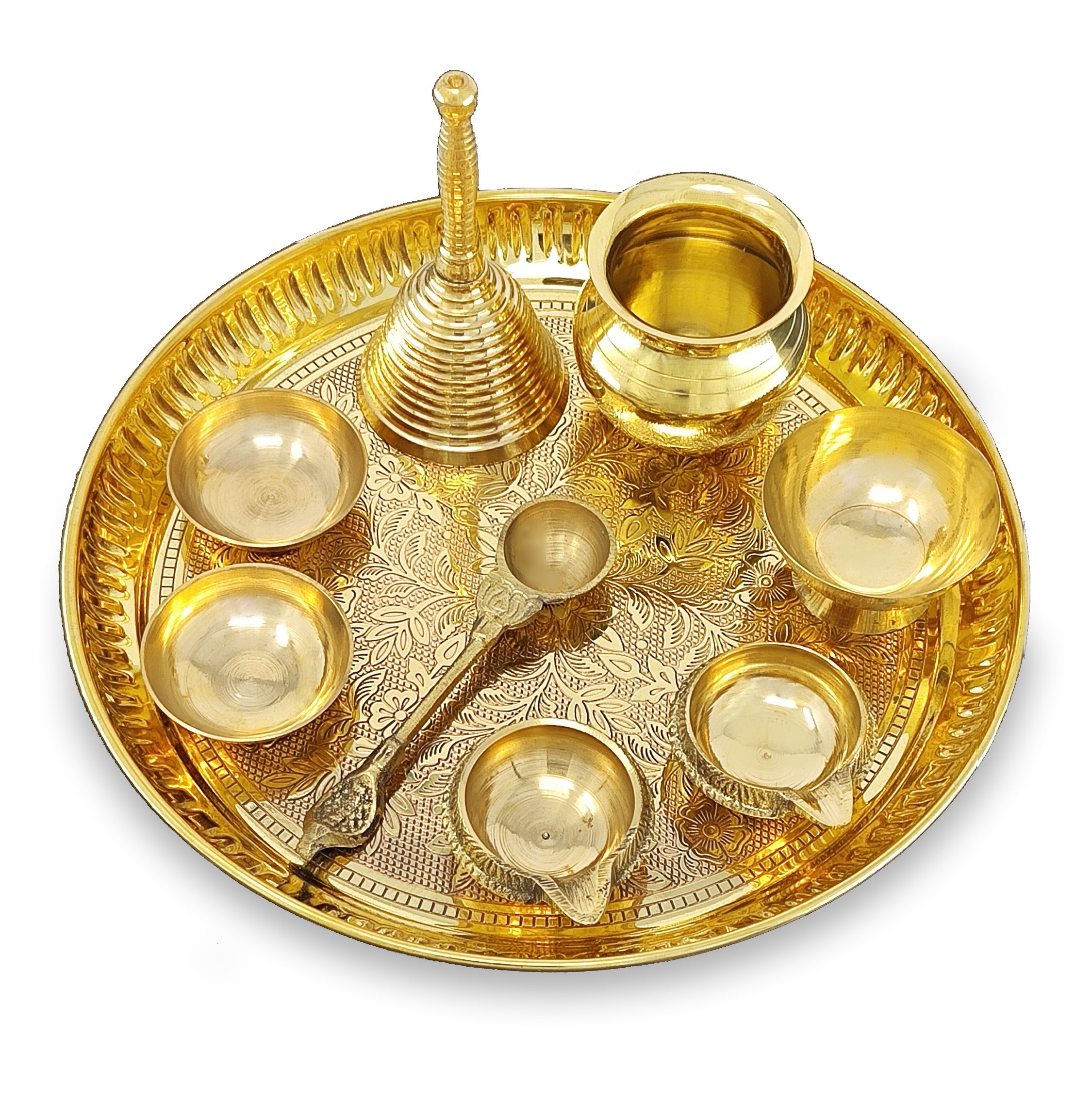 BENGALEN Brass Pooja Thali Set 8 Inch Puja Thali with Pital Plate Kalash Chandan Vati Dhup Dan Kuber Diya Ghanti Palli Arti Thali for Diwali Home Office Mandir Wedding Return Gift Items