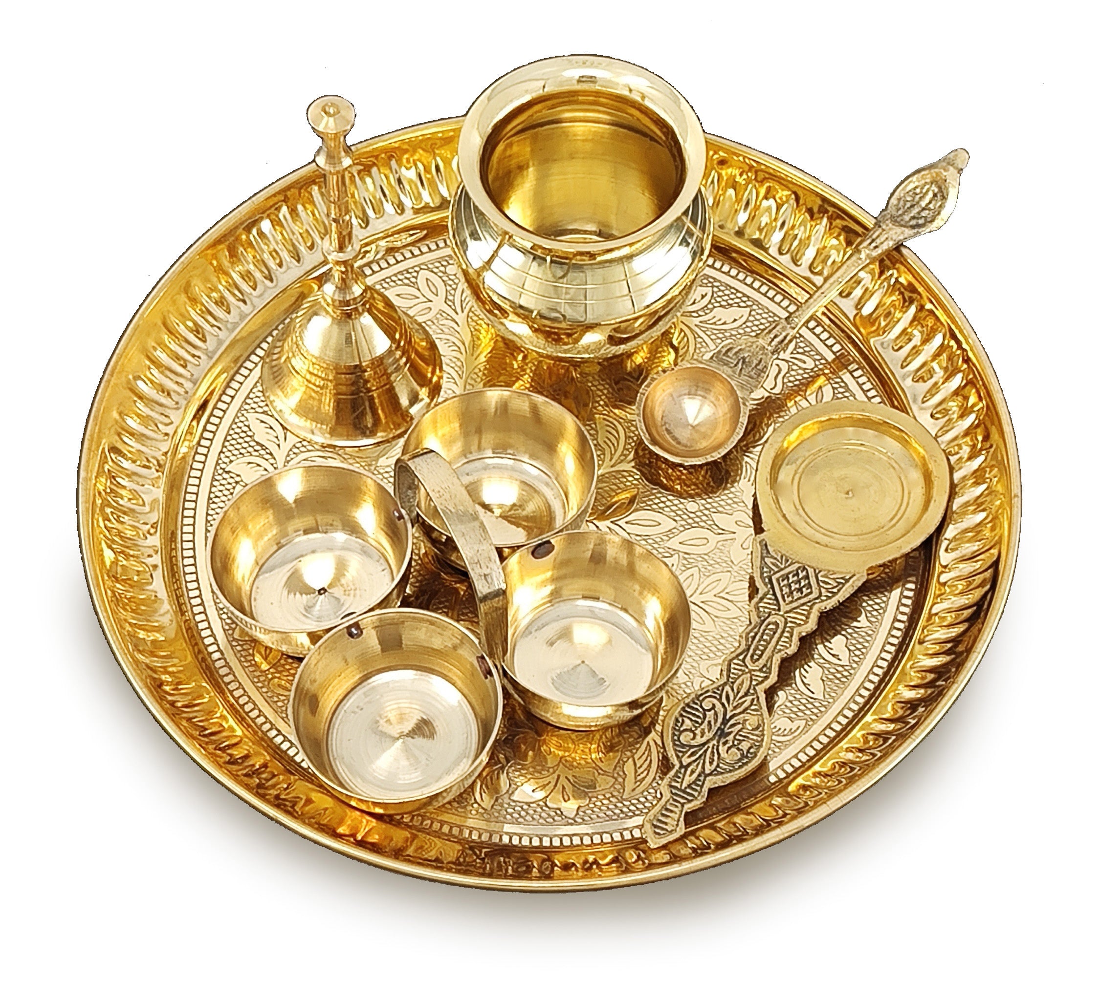 BENGALEN Brass Pooja Thali Set 7 Inch with Pital Puja Plate Kalash Bowl Spoon Dhup Dan Palli Ghanti Kuber Diya Chandan Wati Arti Thali for Diwali Home Office Mandir Wedding Return Gift Items