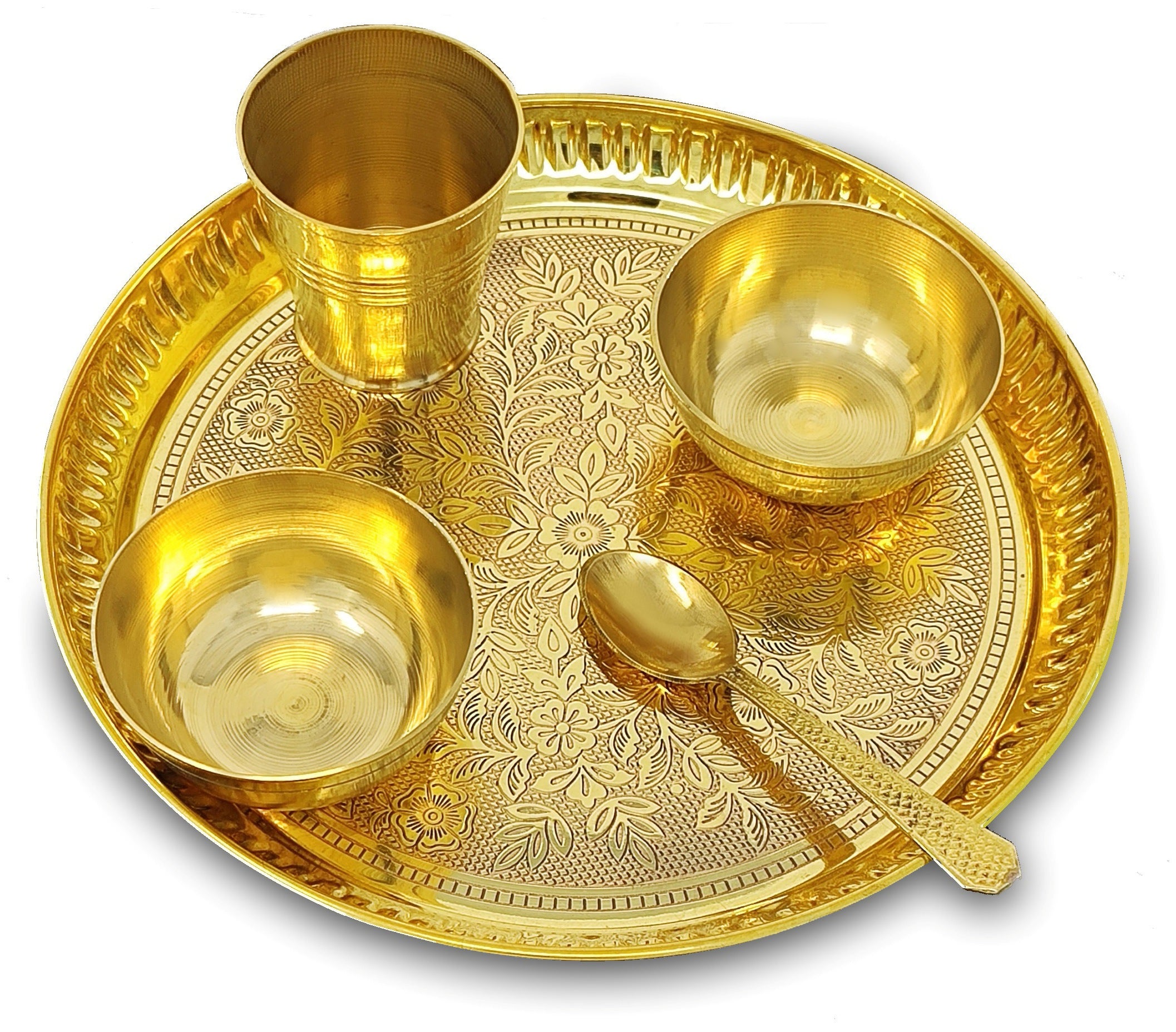 BENGALEN Brass Pooja Bhog Thali Set 8 Inch Puja Bhog Thali with Pital Plate Bowl Glass Spoon Arti Thali for Diwali Home Office Mandir Wedding Return Gift Items