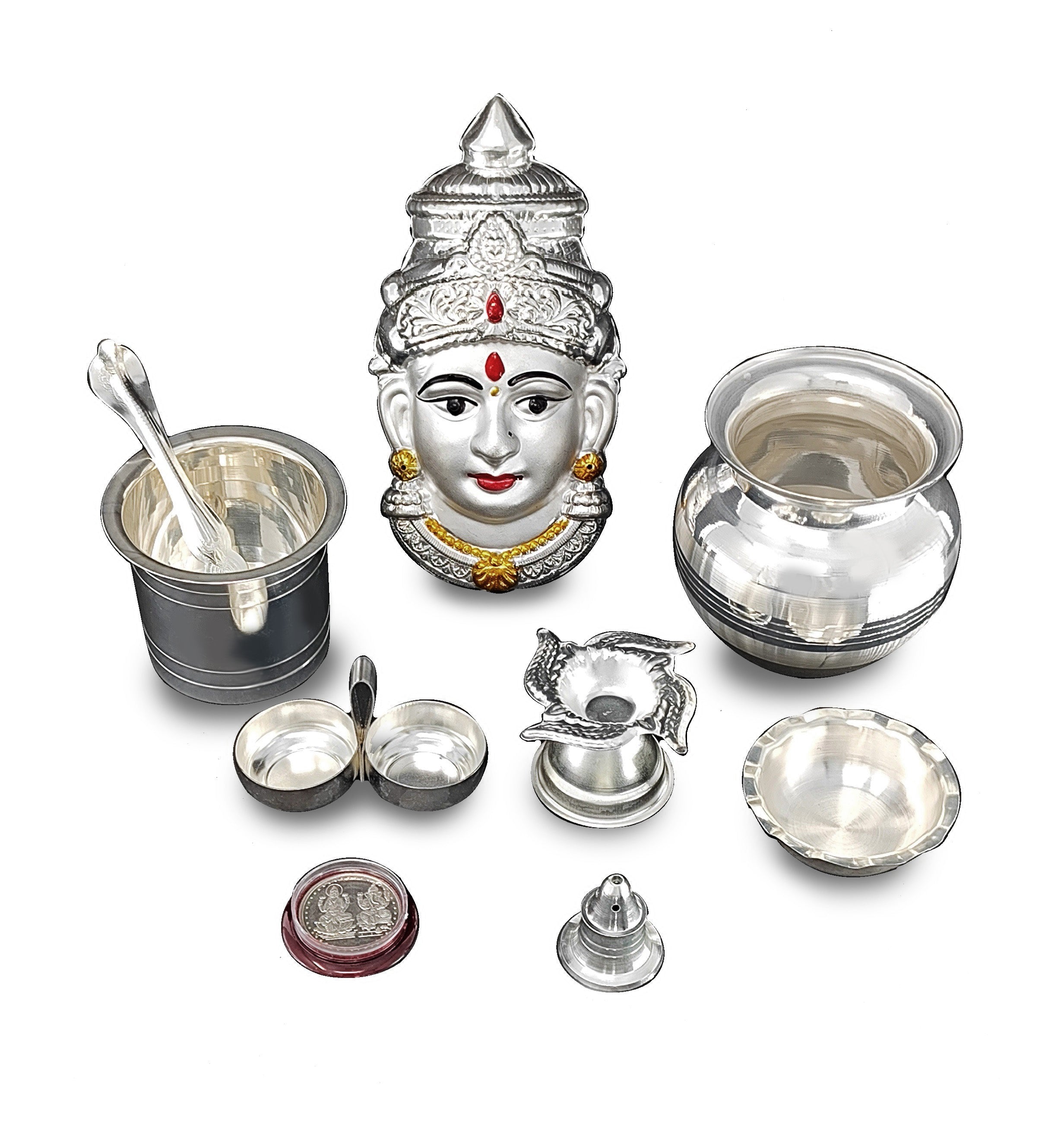 BENGALEN Silver Plated Pooja thali Set with Varalakshmi Devi Mukhota Idol Statue