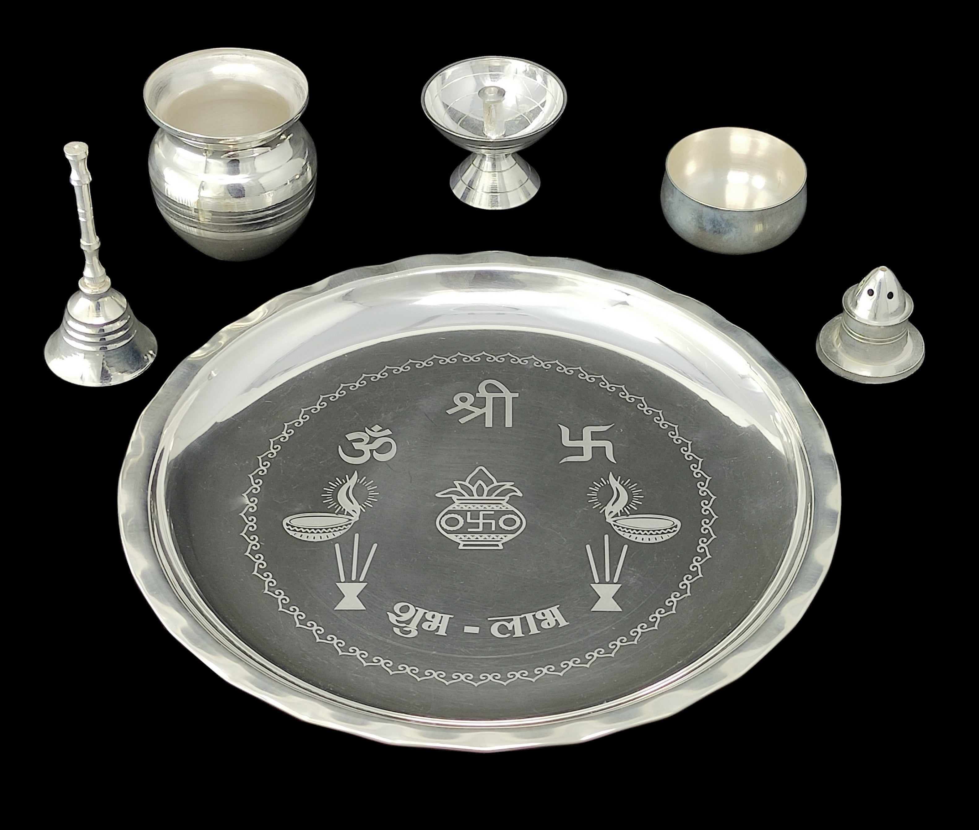 BENGALEN Silver Plated Pooja thali Set 8 Inch Plate Glash Spoon Diya Kumkum Stand Bowl Agarbatti Stand Daily Puja Thali for Diwali, Home, Temple, Office, Wedding Return Gift Items