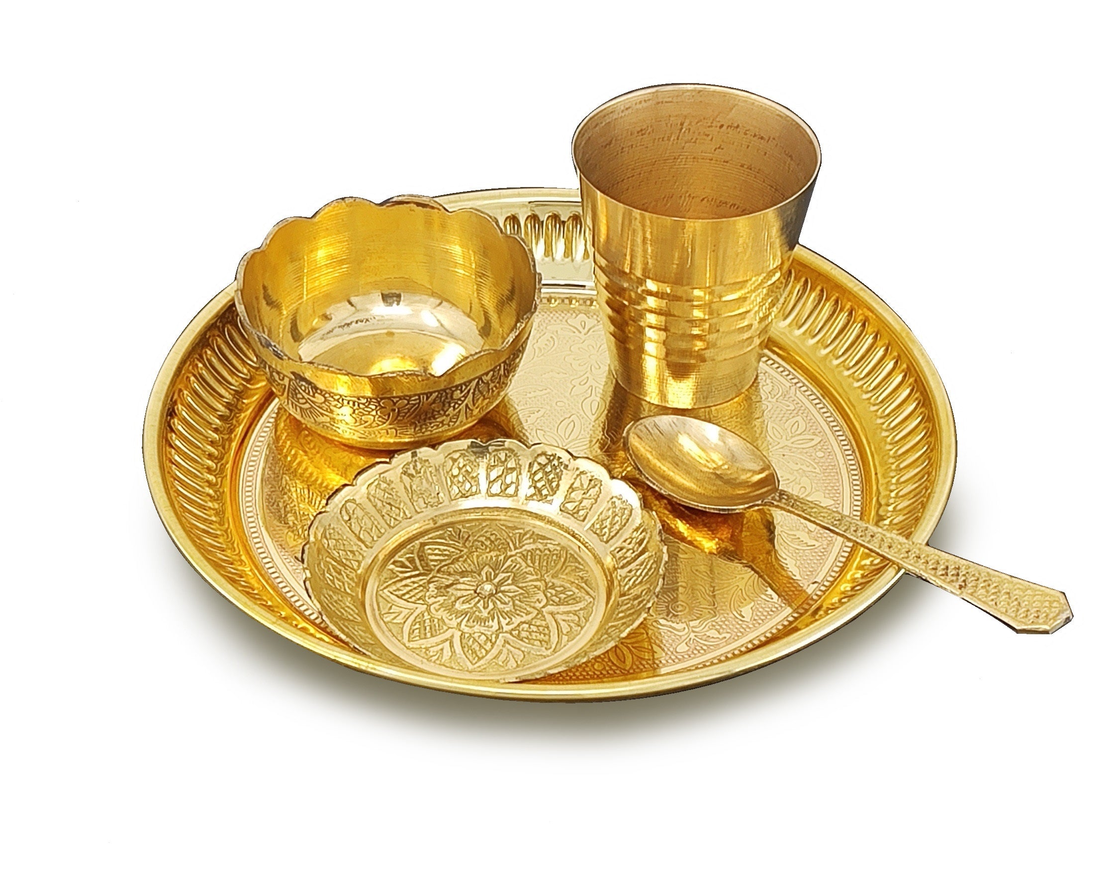 BENGALEN Brass Pooja Bhog Thali Set 6 Inch Puja Thali with Pital Plate Bowl Glass Kangura Plate Spoon Arti Thali for Diwali Home Office Mandir Wedding Return Gift Items