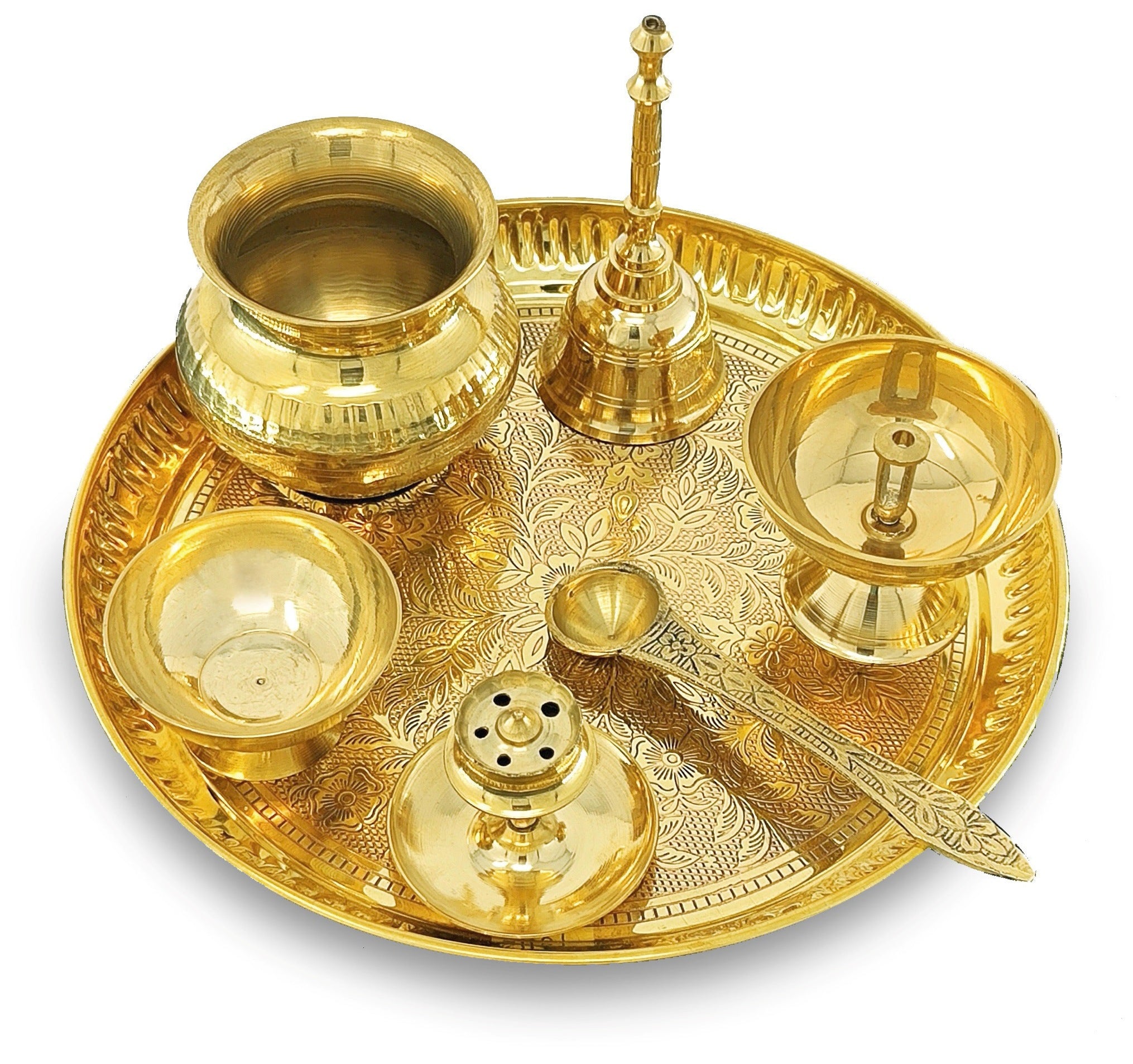 BENGALEN Brass Puja Thali Set 8 Inch Pooja Thali with Pital Plate Kalash Chandan Vati Piyali Deep Dhup Dan Ghanti Palli Diya Arti Thali for Diwali Home Office Mandir Wedding Return Gift Items