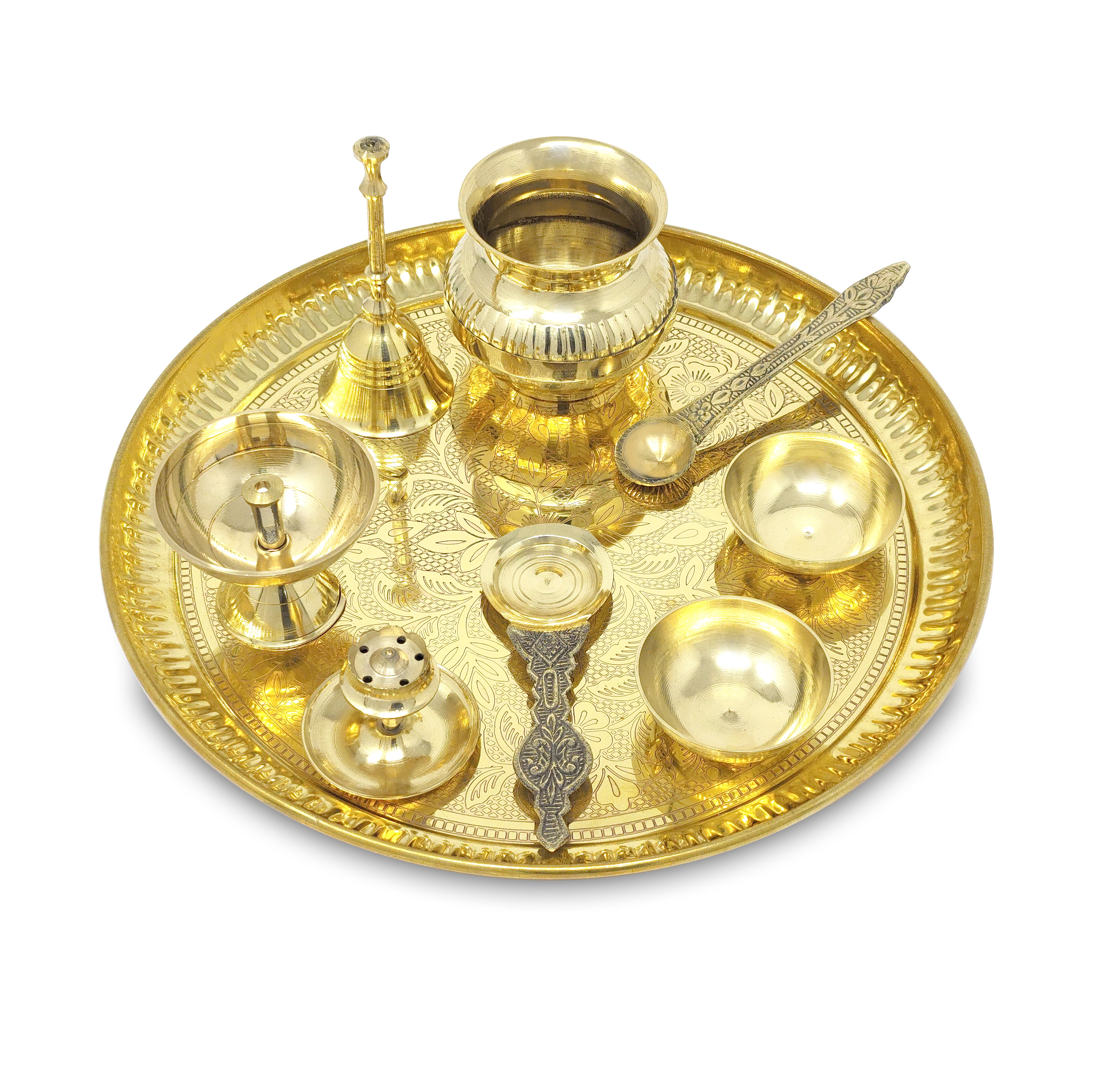 BENGALEN Brass Pooja Thali Set with Red Gift Box 10 Inch