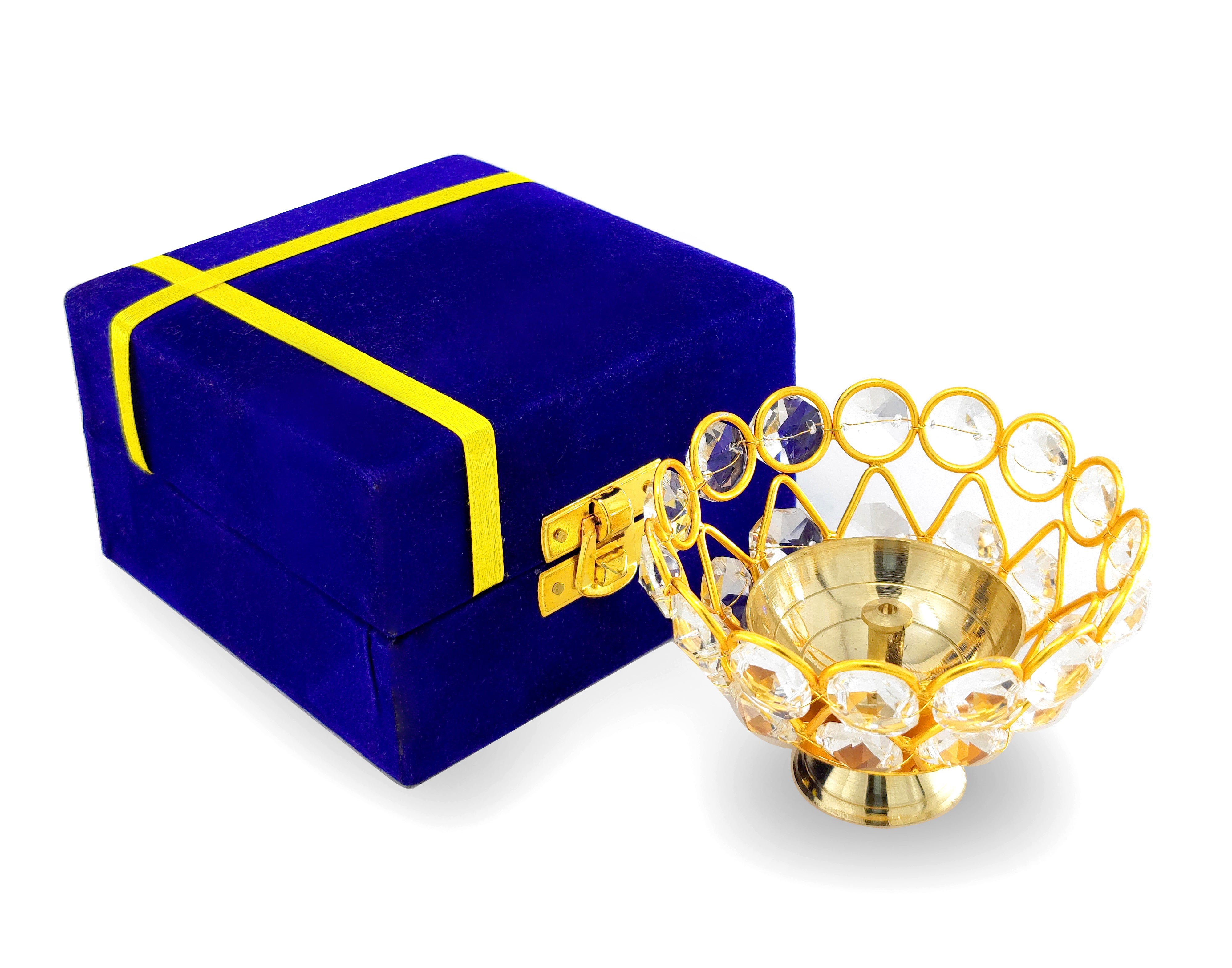 BENGALEN Crystal Diya with Blue Velvet Gift Box Brass Chrystal Akhand Piyali Dia Pooja Items Diwali Decoration Puja Gifts Handmade Oil Lamp